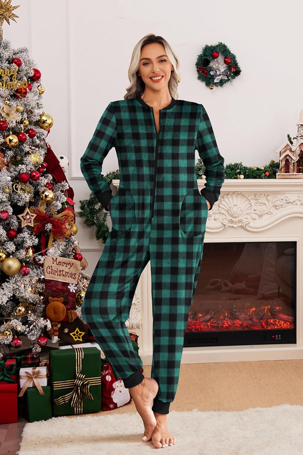 imageEkouaer Christmas Onesie Matching Family Fleece Hooded One Piece Zipper Long Sleeve Pajamas with Pockets SXXL Green Plaid XXL