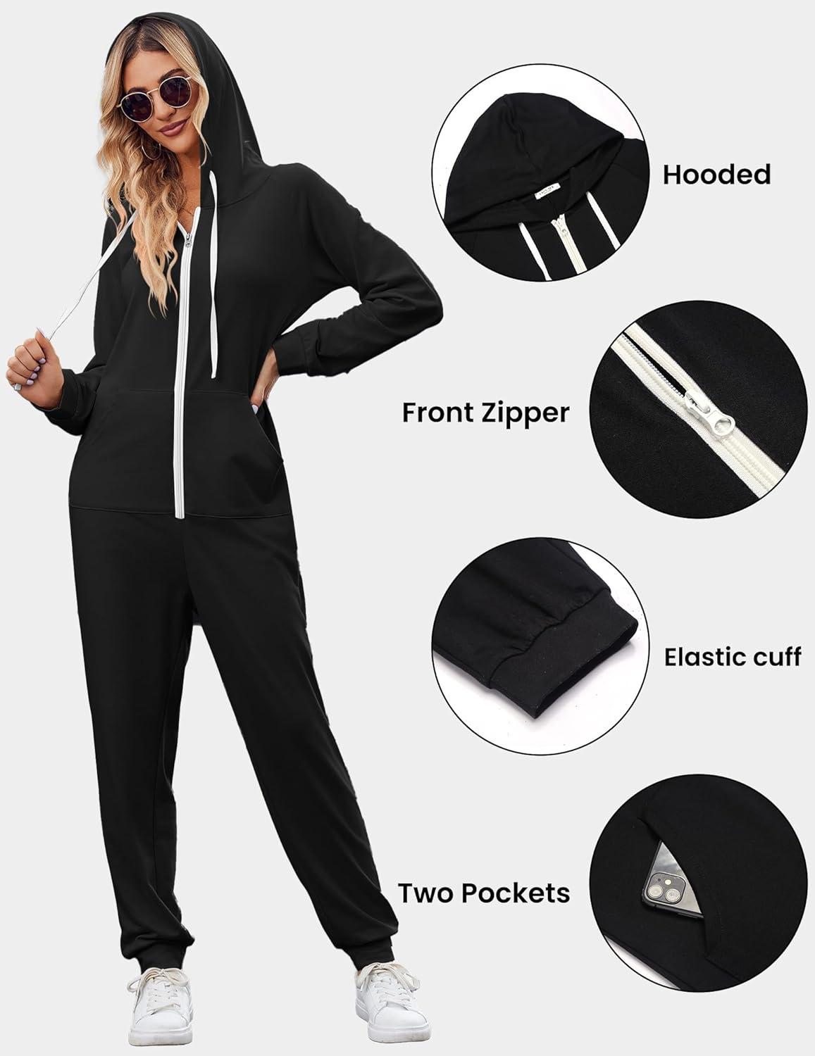 imageEkouaer Christmas Onesies for Women Zipper Hooded Onesie Pajamas Adult Soft One Piece Pajama with PocketsBlack