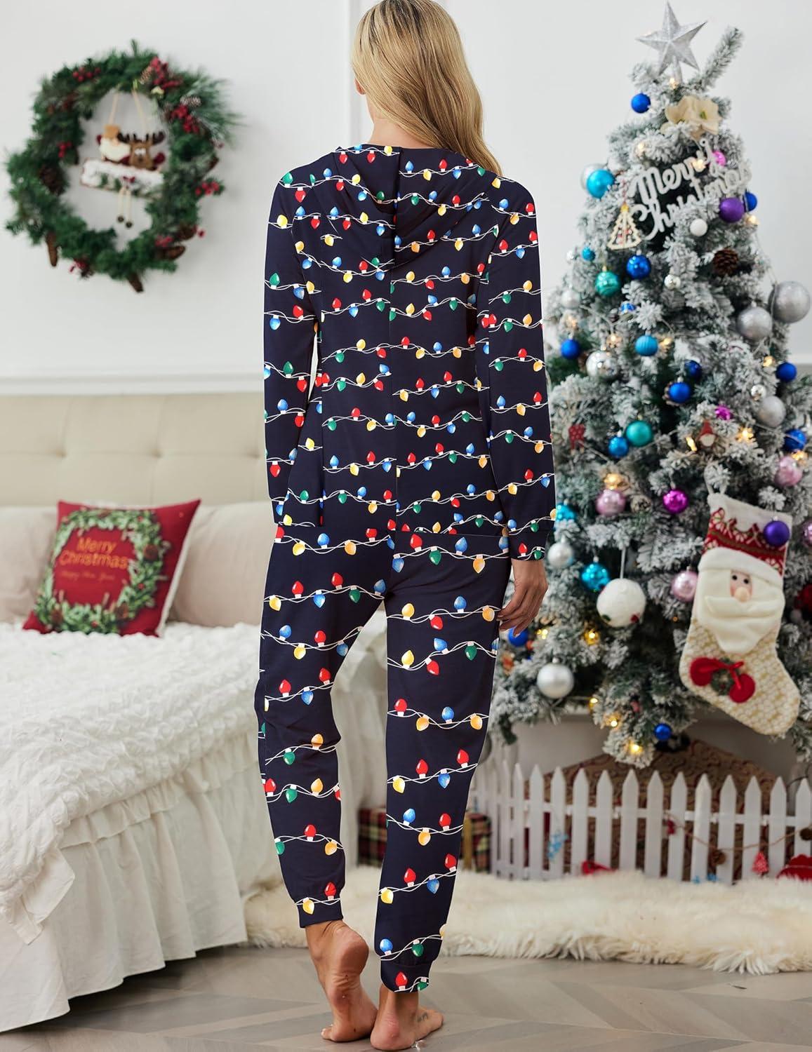 imageEkouaer Christmas Onesies for Women Zipper Hooded Onesie Pajamas Adult Soft One Piece Pajama with PocketsChristmas Light