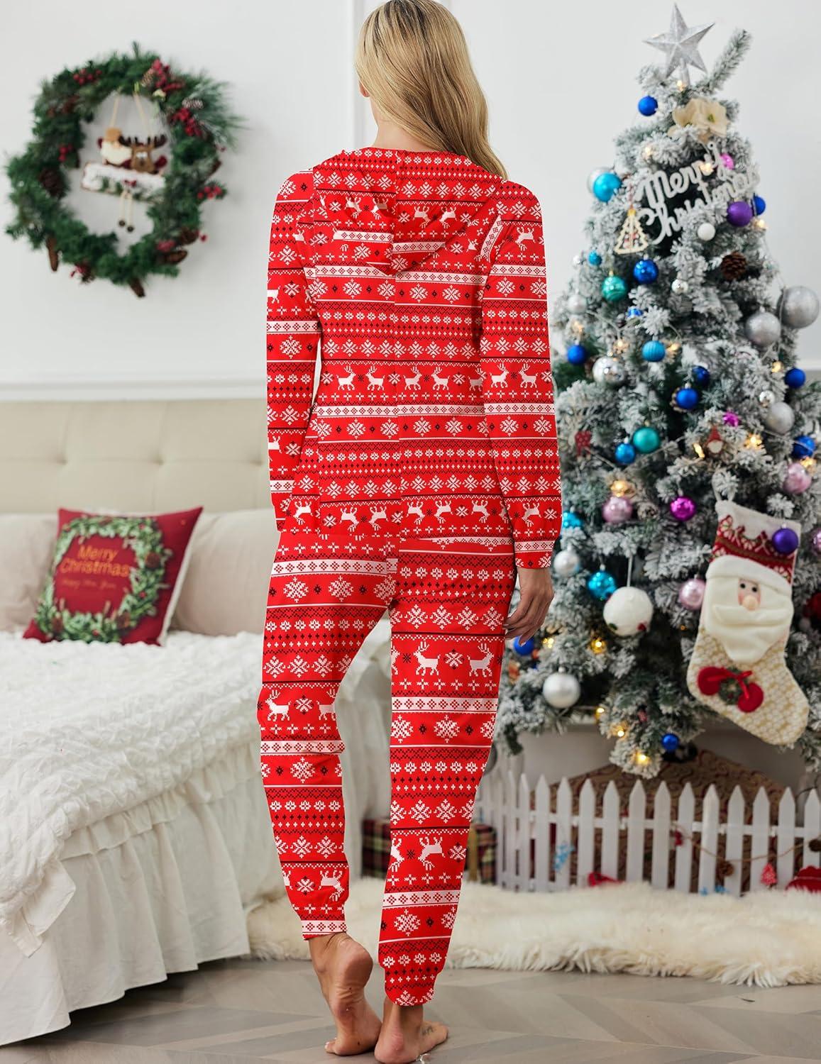 imageEkouaer Christmas Onesies for Women Zipper Hooded Onesie Pajamas Adult Soft One Piece Pajama with PocketsElk