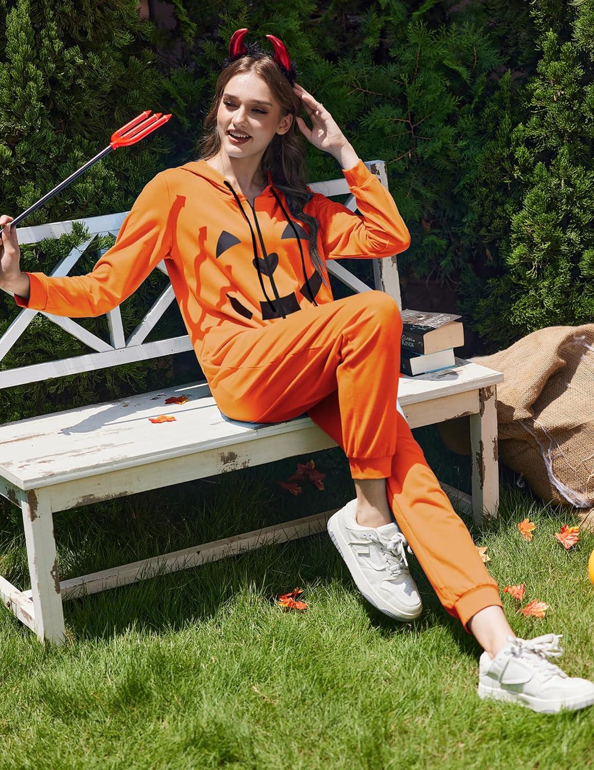 imageEkouaer Christmas Onesies for Women Zipper Hooded Onesie Pajamas Adult Soft One Piece Pajama with PocketsPumpkin