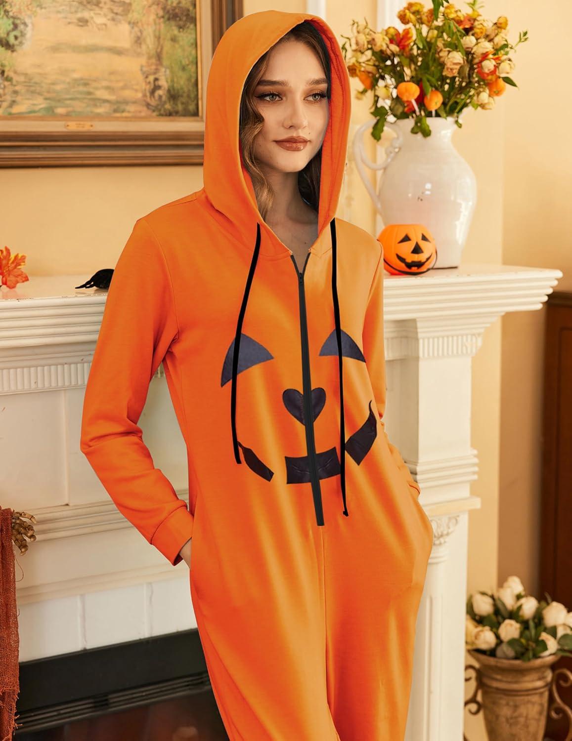 imageEkouaer Christmas Onesies for Women Zipper Hooded Onesie Pajamas Adult Soft One Piece Pajama with PocketsPumpkin