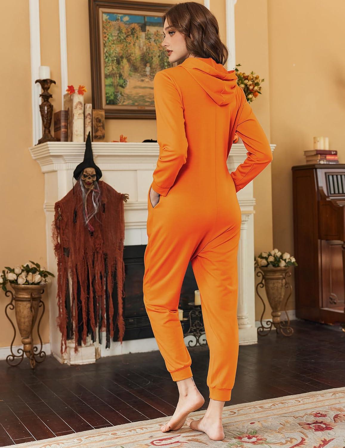 imageEkouaer Christmas Onesies for Women Zipper Hooded Onesie Pajamas Adult Soft One Piece Pajama with PocketsPumpkin