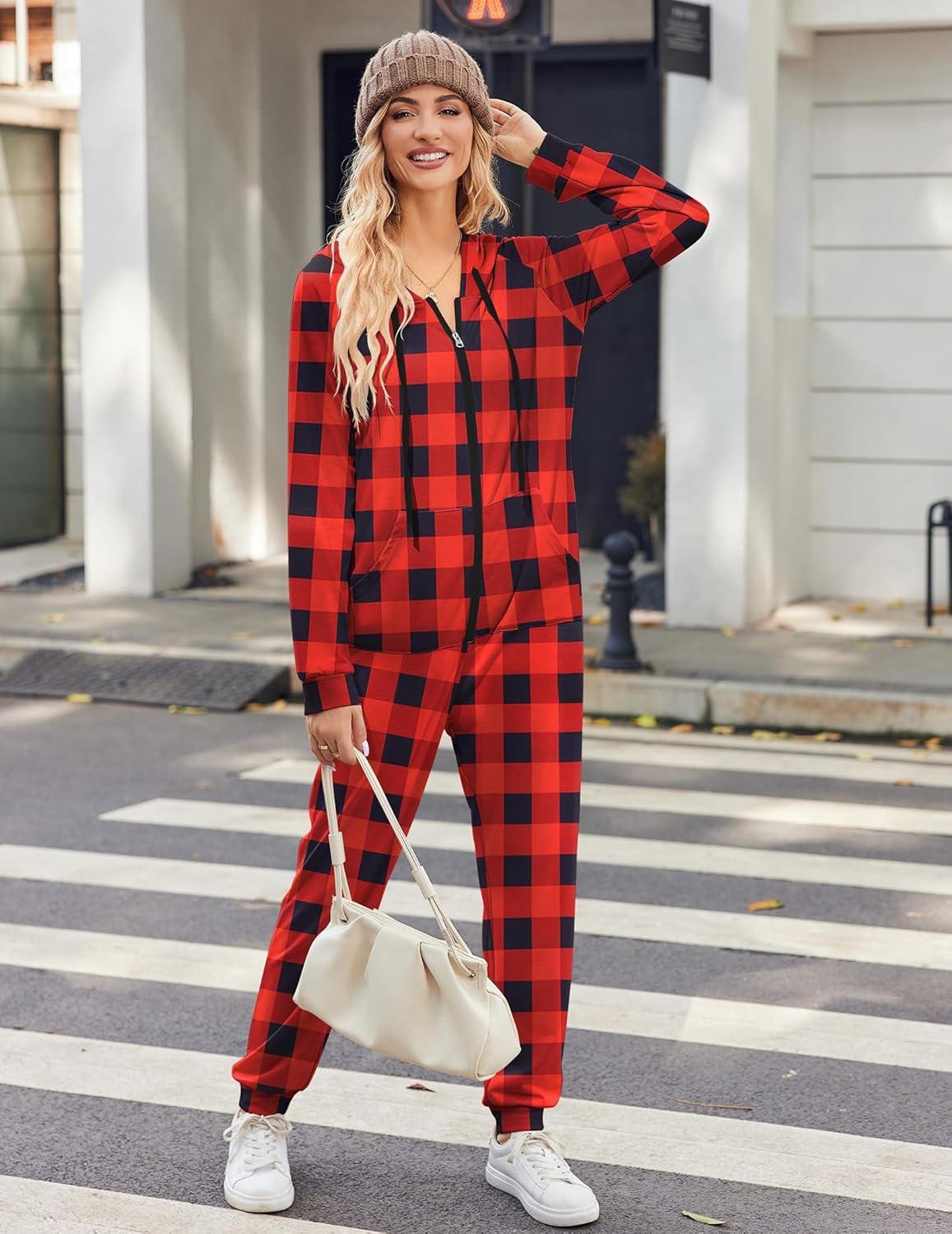 imageEkouaer Christmas Onesies for Women Zipper Hooded Onesie Pajamas Adult Soft One Piece Pajama with PocketsRed Plaid