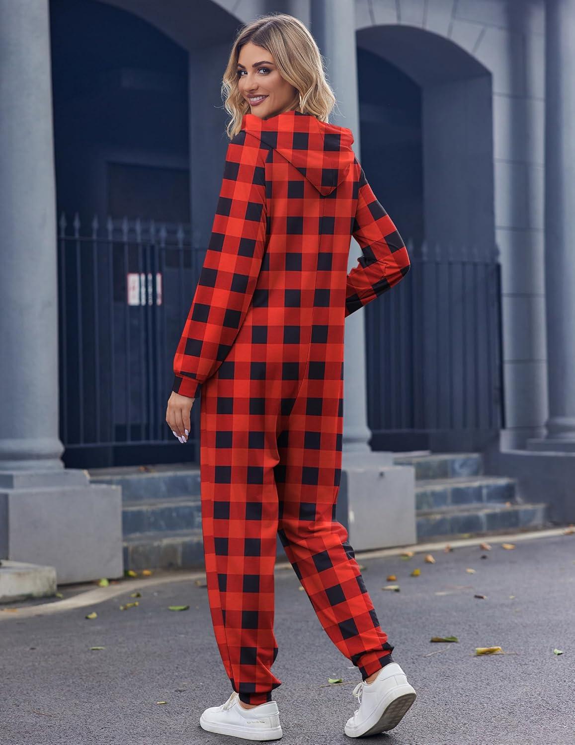 imageEkouaer Christmas Onesies for Women Zipper Hooded Onesie Pajamas Adult Soft One Piece Pajama with PocketsRed Plaid