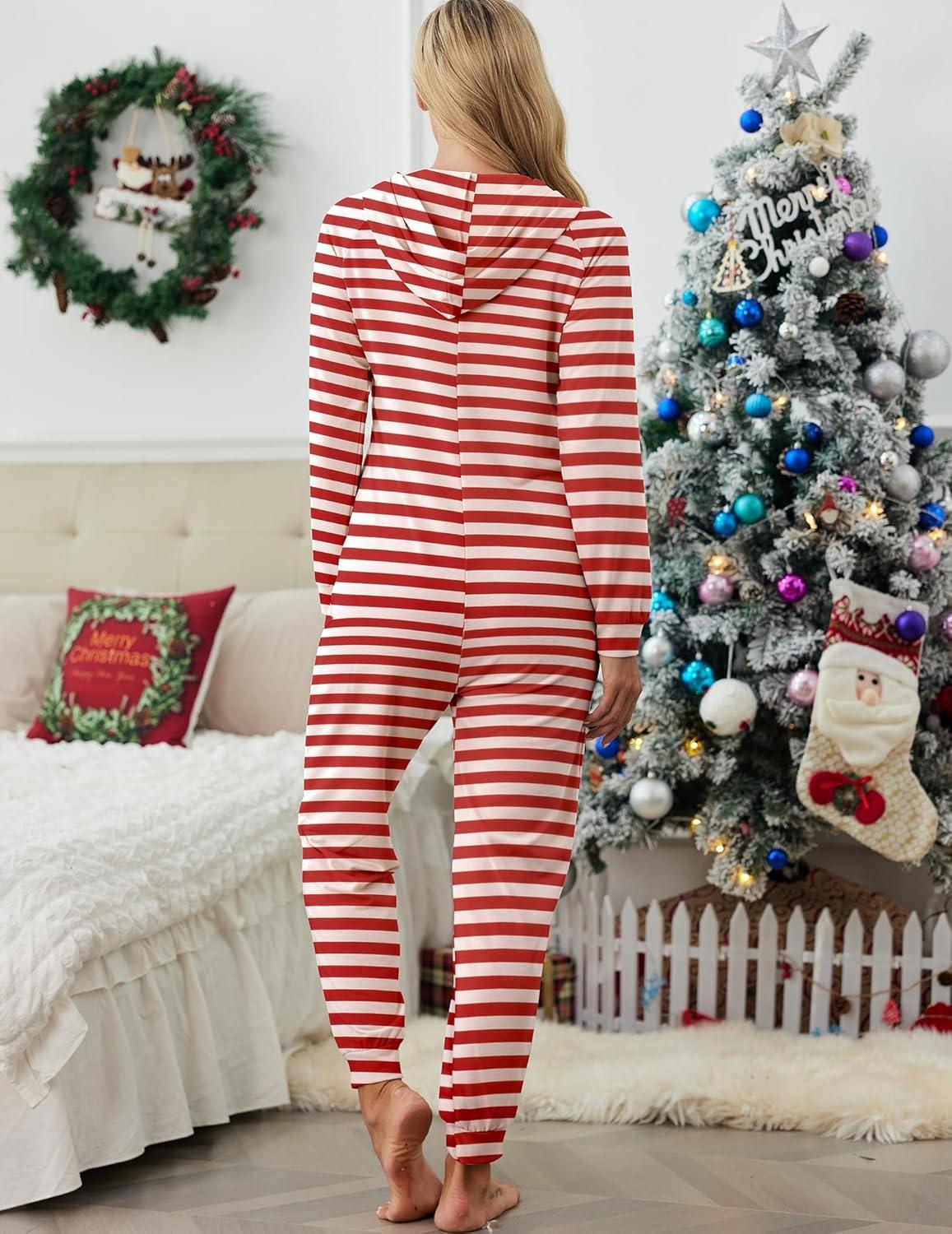 imageEkouaer Christmas Onesies for Women Zipper Hooded Onesie Pajamas Adult Soft One Piece Pajama with PocketsRed White Stripes