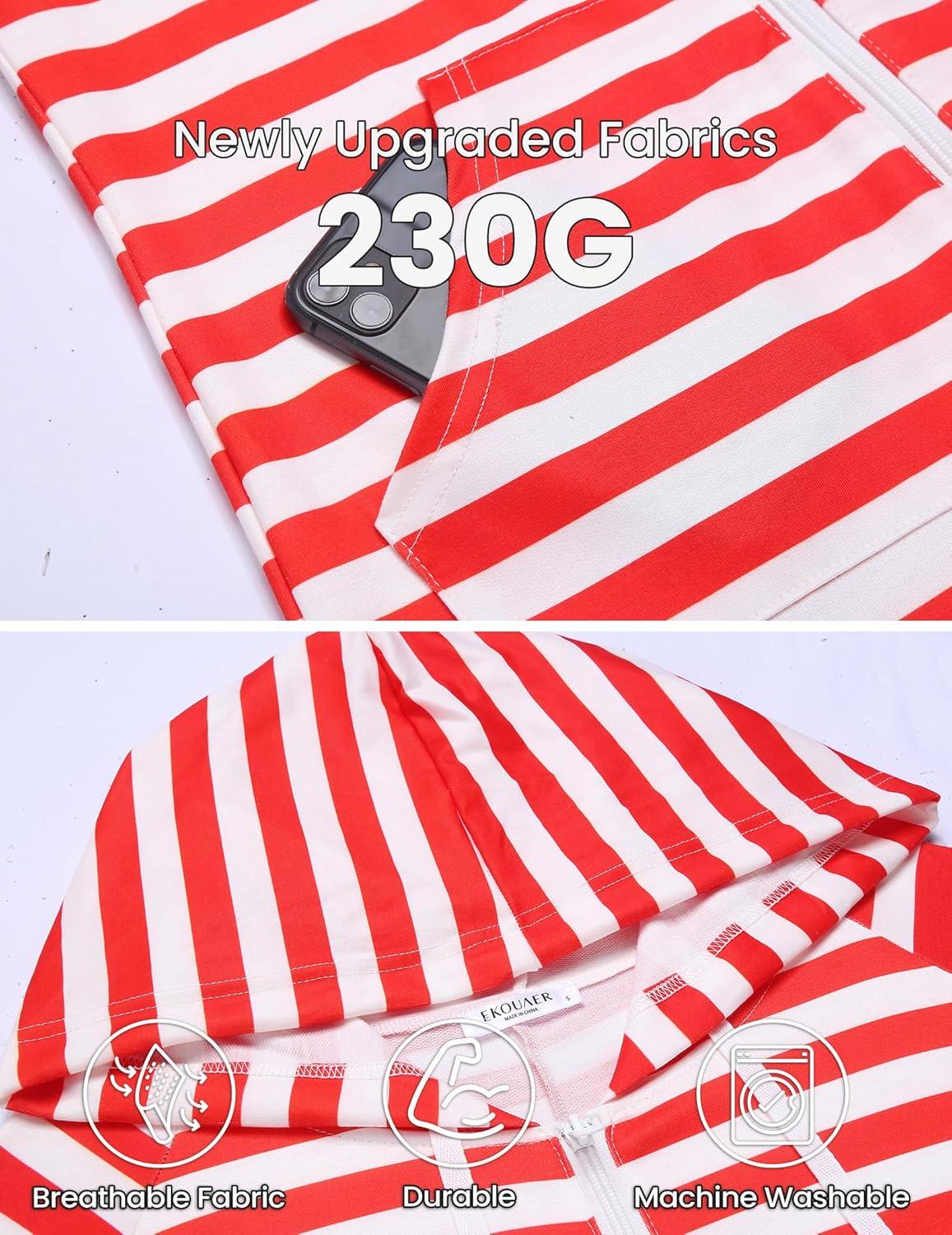 imageEkouaer Christmas Onesies for Women Zipper Hooded Onesie Pajamas Adult Soft One Piece Pajama with PocketsRed White Stripes