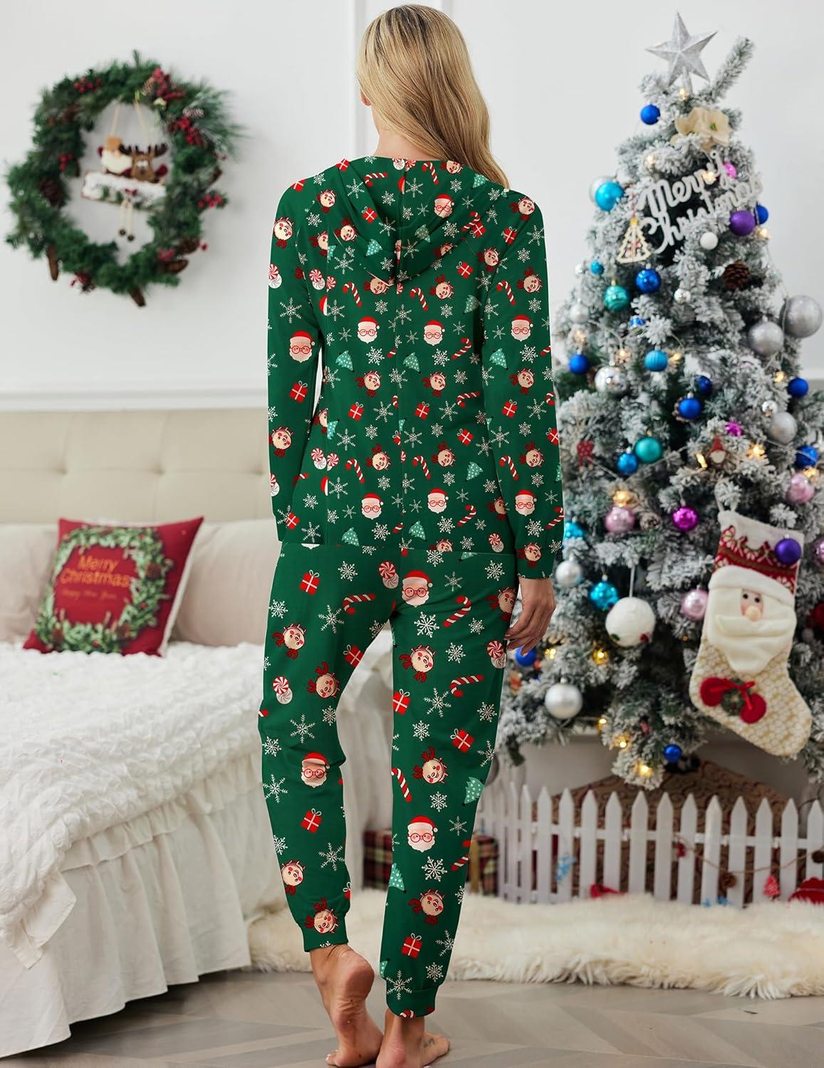 imageEkouaer Christmas Onesies for Women Zipper Hooded Onesie Pajamas Adult Soft One Piece Pajama with PocketsSanta