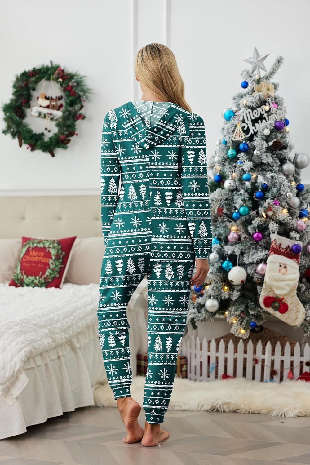 imageEkouaer Christmas Onesies for Women Zipper Hooded Onesie Pajamas Adult Soft One Piece Pajama with PocketsSnowflake