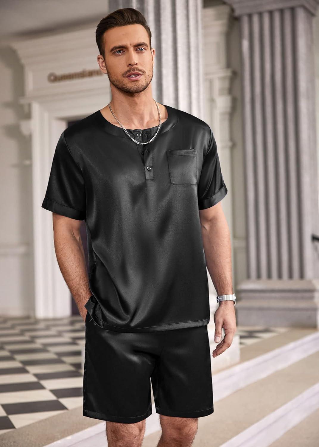 imageEkouaer Men Silk Pajamas Set 2 Piece Pjs Soft Satin Sleepwear Shorts Button Down Tops Loungewear with PocketsBlack