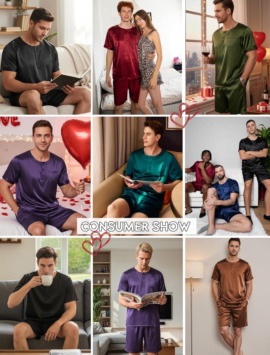 imageEkouaer Men Silk Pajamas Set 2 Piece Pjs Soft Satin Sleepwear Shorts Button Down Tops Loungewear with PocketsBlack