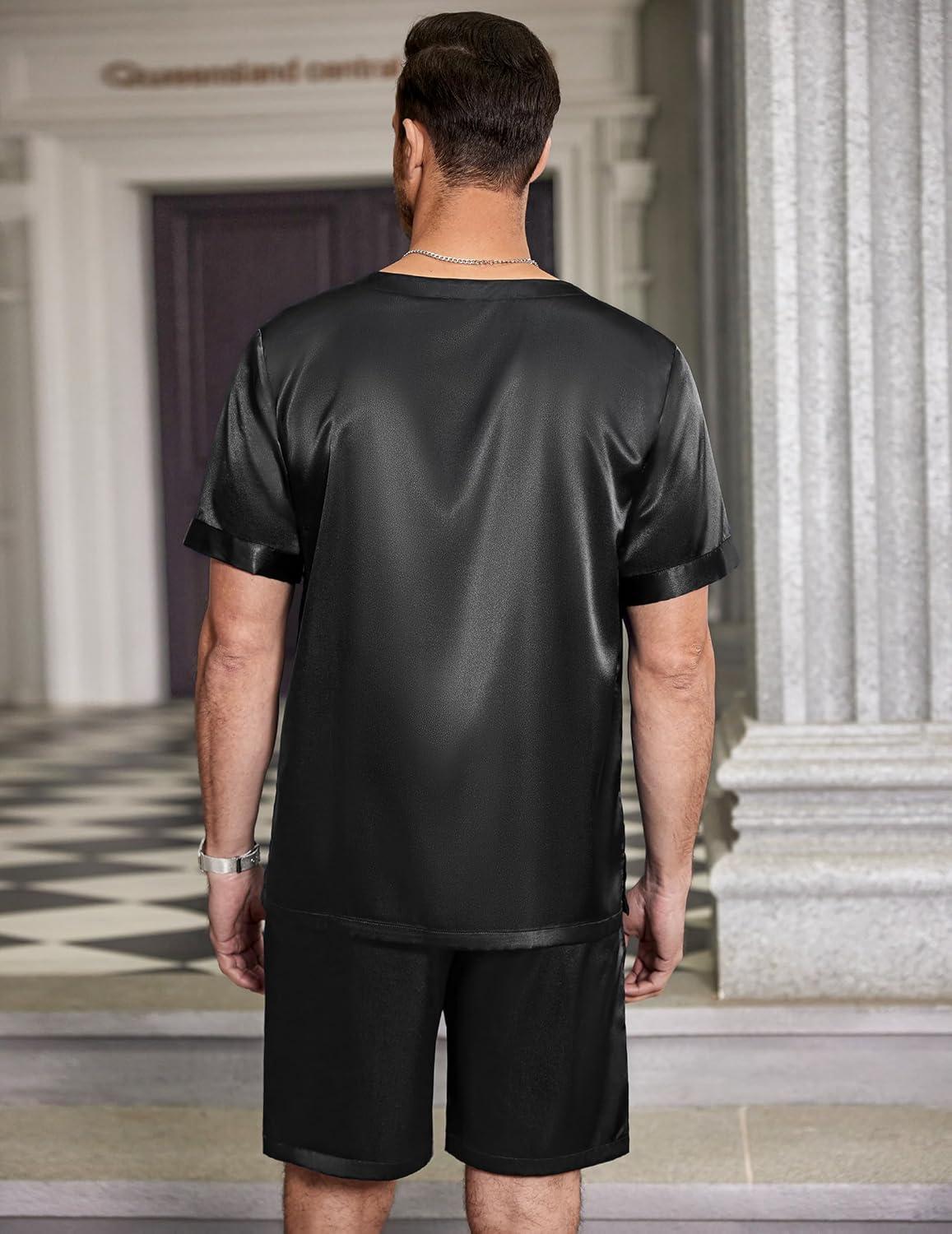 imageEkouaer Men Silk Pajamas Set 2 Piece Pjs Soft Satin Sleepwear Shorts Button Down Tops Loungewear with PocketsBlack