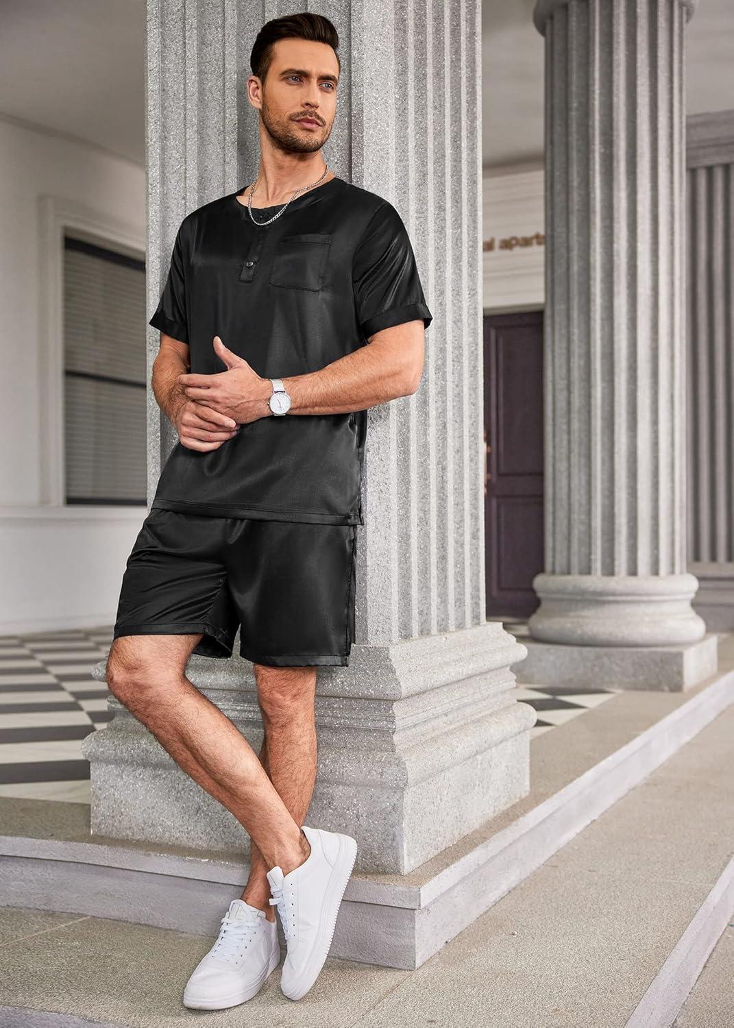 imageEkouaer Men Silk Pajamas Set 2 Piece Pjs Soft Satin Sleepwear Shorts Button Down Tops Loungewear with PocketsBlack