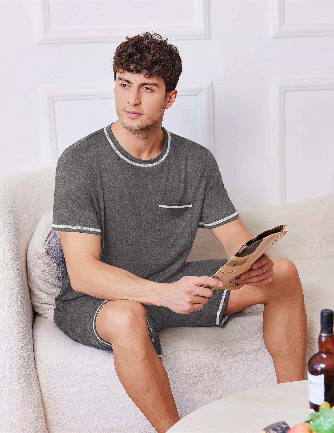 imageEkouaer Mens Pajamas Set Casual Short Sleeve Shirts and Shorts Soft 2 Piece Loungewear With PocketsDark Grey