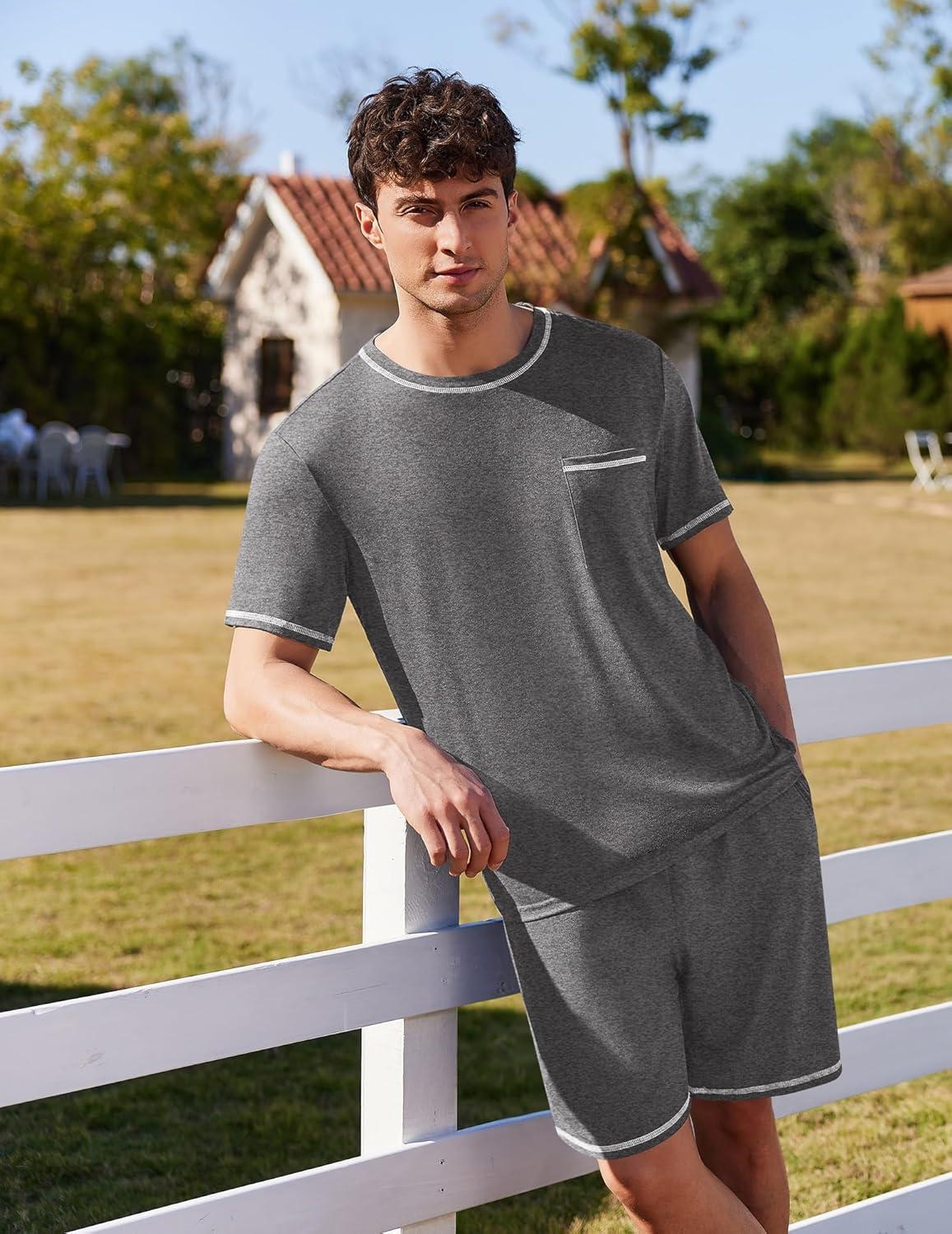 imageEkouaer Mens Pajamas Set Casual Short Sleeve Shirts and Shorts Soft 2 Piece Loungewear With PocketsDark Grey