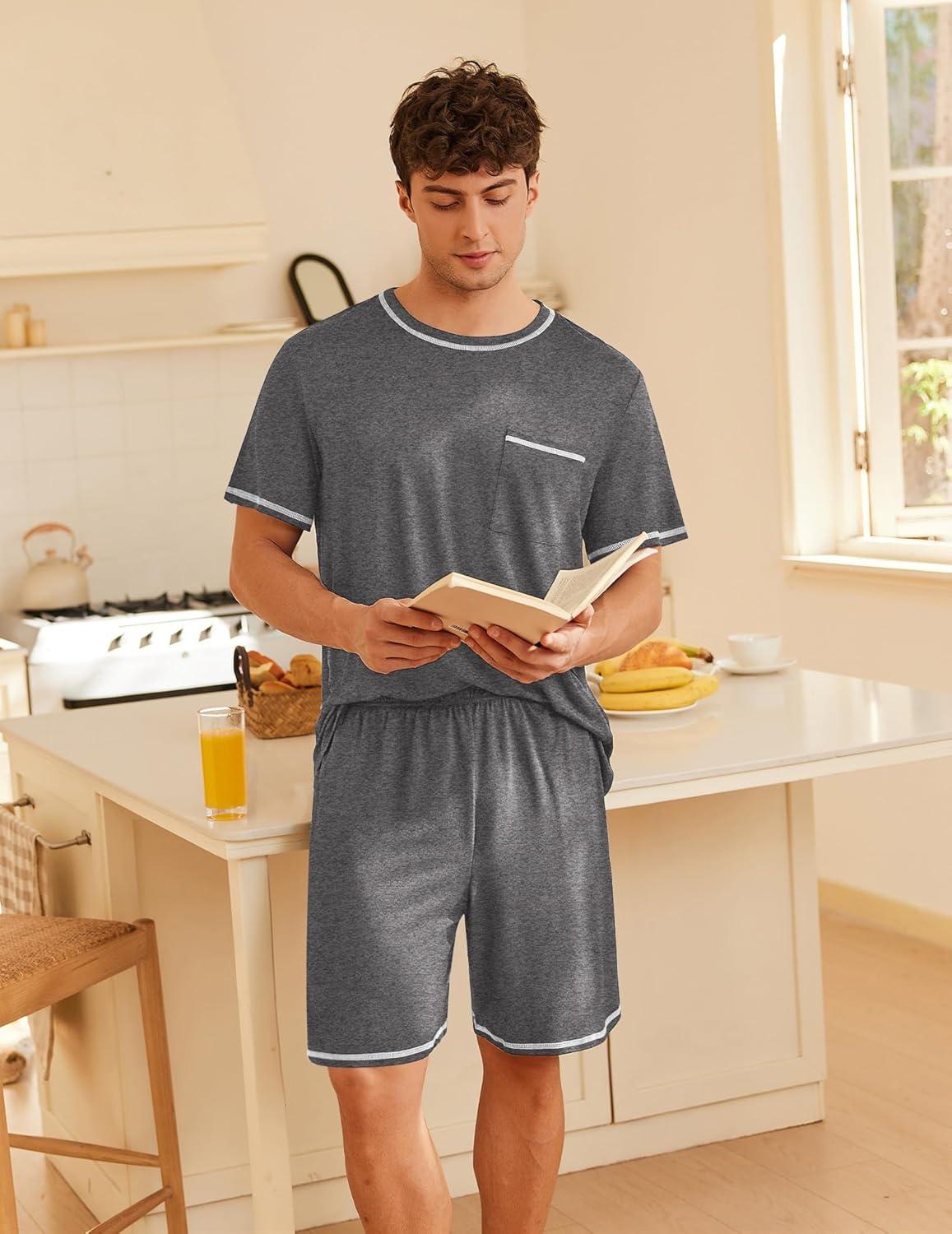 imageEkouaer Mens Pajamas Set Casual Short Sleeve Shirts and Shorts Soft 2 Piece Loungewear With PocketsDark Grey