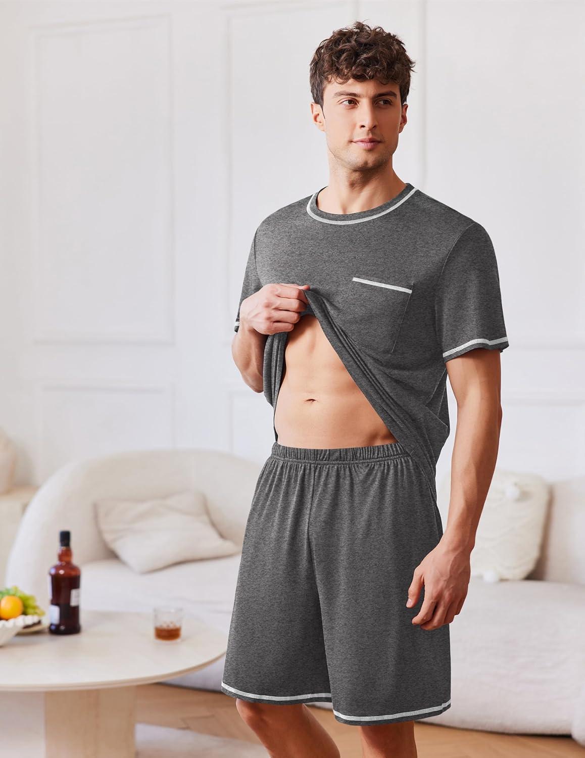 imageEkouaer Mens Pajamas Set Casual Short Sleeve Shirts and Shorts Soft 2 Piece Loungewear With PocketsDark Grey