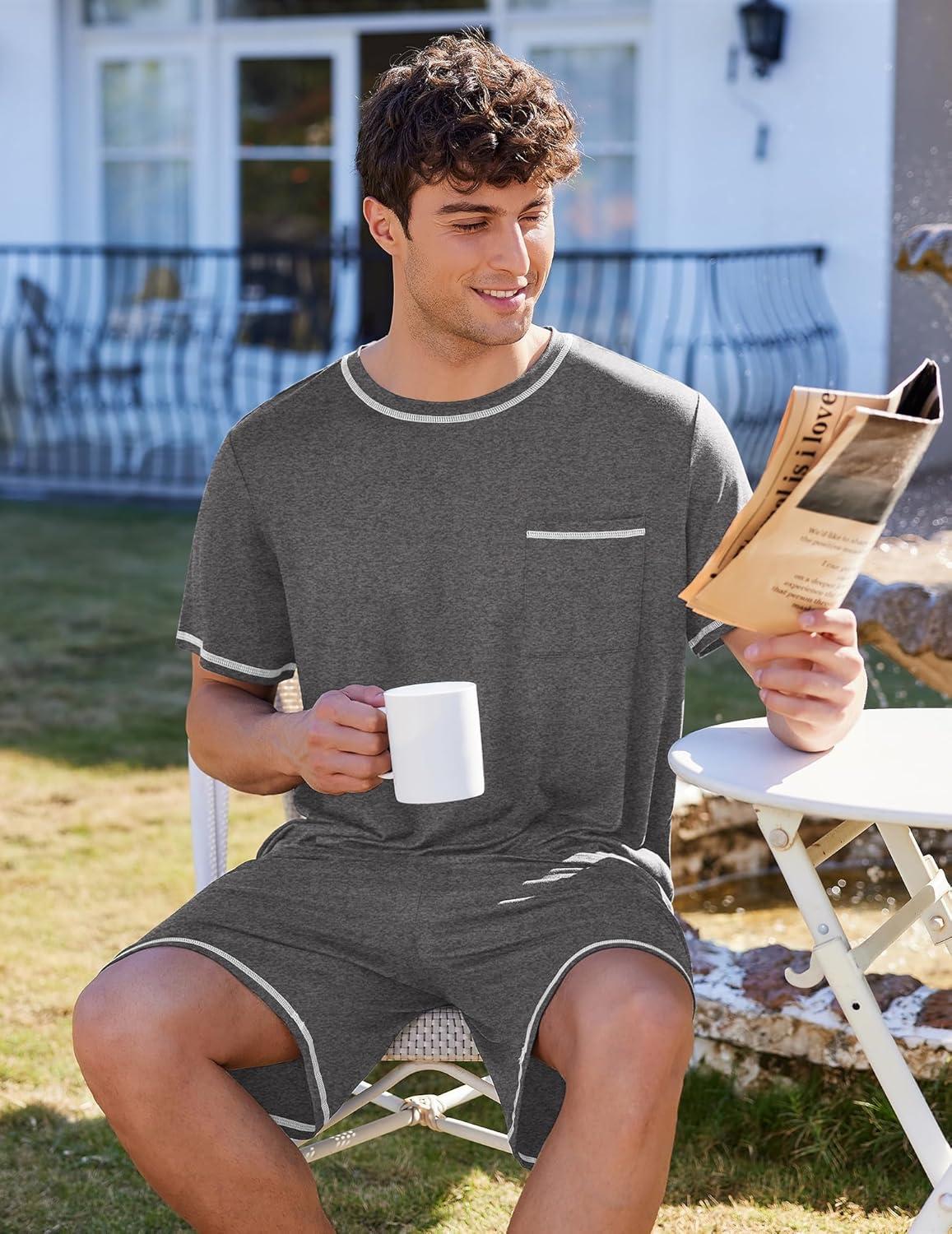 imageEkouaer Mens Pajamas Set Casual Short Sleeve Shirts and Shorts Soft 2 Piece Loungewear With PocketsDark Grey