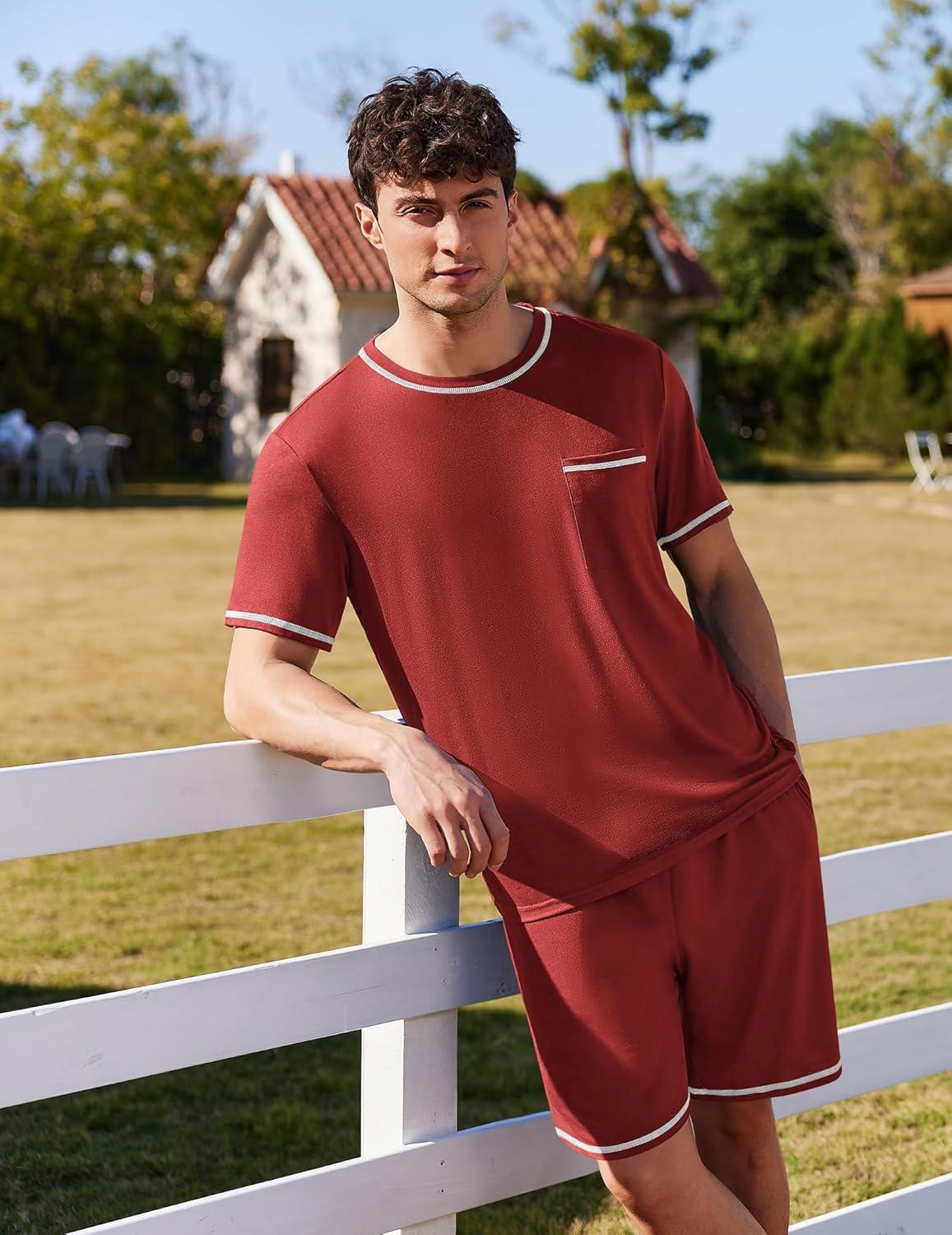 imageEkouaer Mens Pajamas Set Casual Short Sleeve Shirts and Shorts Soft 2 Piece Loungewear With PocketsWine Red