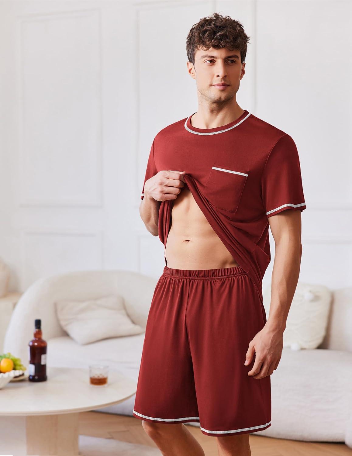 imageEkouaer Mens Pajamas Set Casual Short Sleeve Shirts and Shorts Soft 2 Piece Loungewear With PocketsWine Red