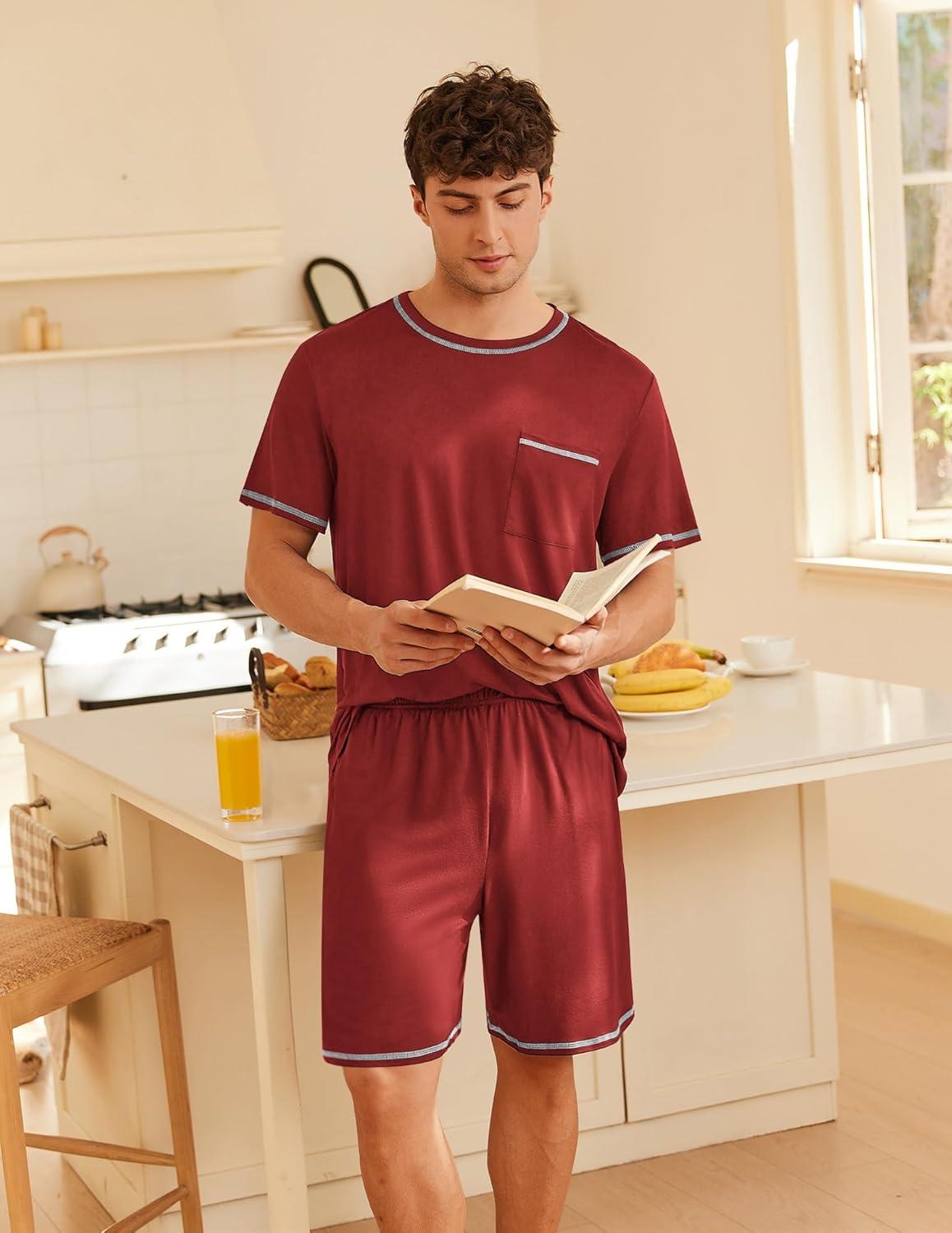 imageEkouaer Mens Pajamas Set Casual Short Sleeve Shirts and Shorts Soft 2 Piece Loungewear With PocketsWine Red