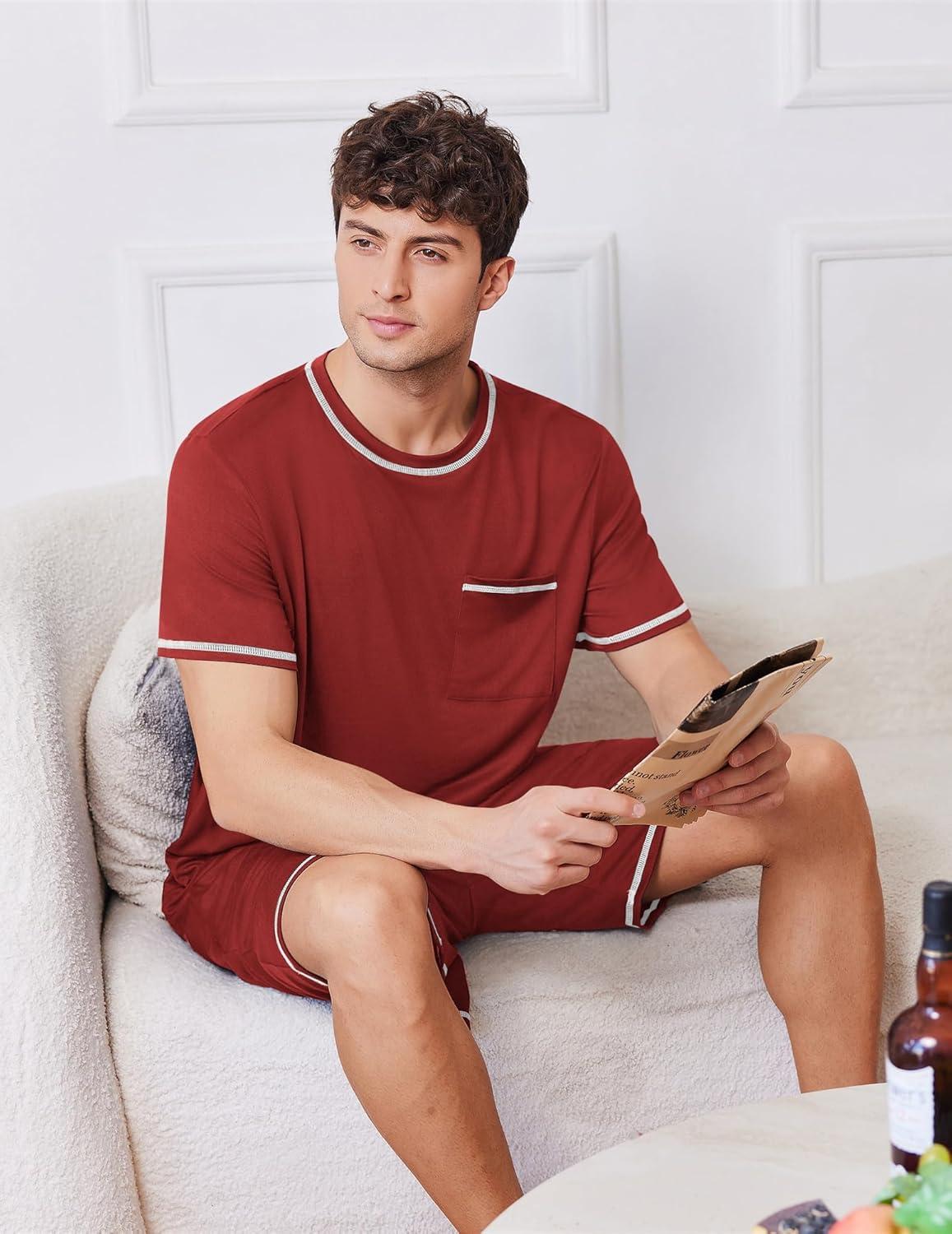imageEkouaer Mens Pajamas Set Casual Short Sleeve Shirts and Shorts Soft 2 Piece Loungewear With PocketsWine Red