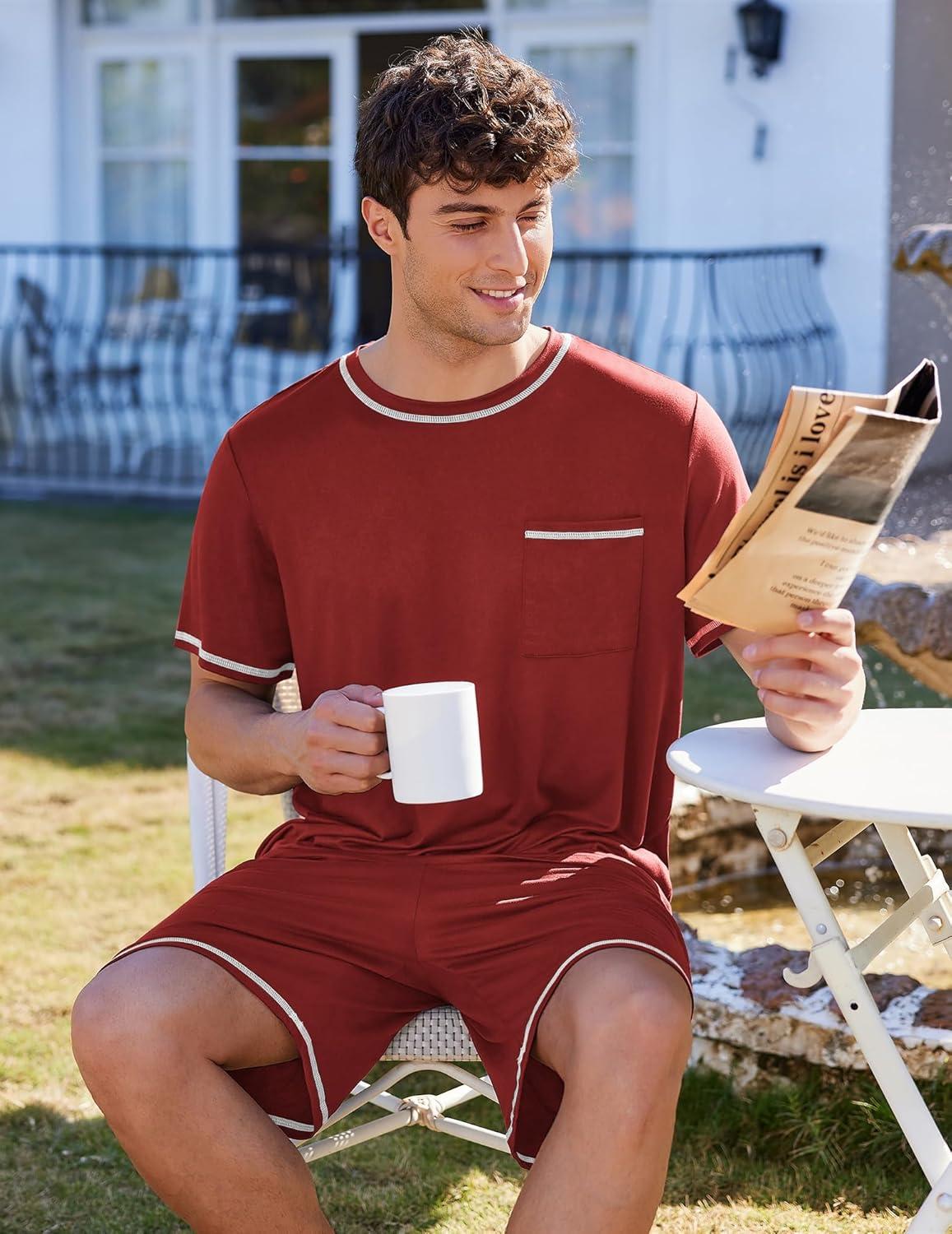 imageEkouaer Mens Pajamas Set Casual Short Sleeve Shirts and Shorts Soft 2 Piece Loungewear With PocketsWine Red