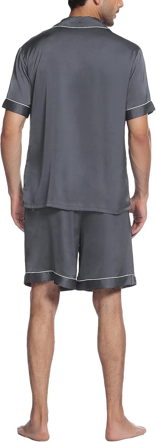 imageEkouaer Mens Satin Pajamas Set ButtonDown Short Sleeve Shirt Top Soft Silk Sleepwear Shorts with PocketsGrey