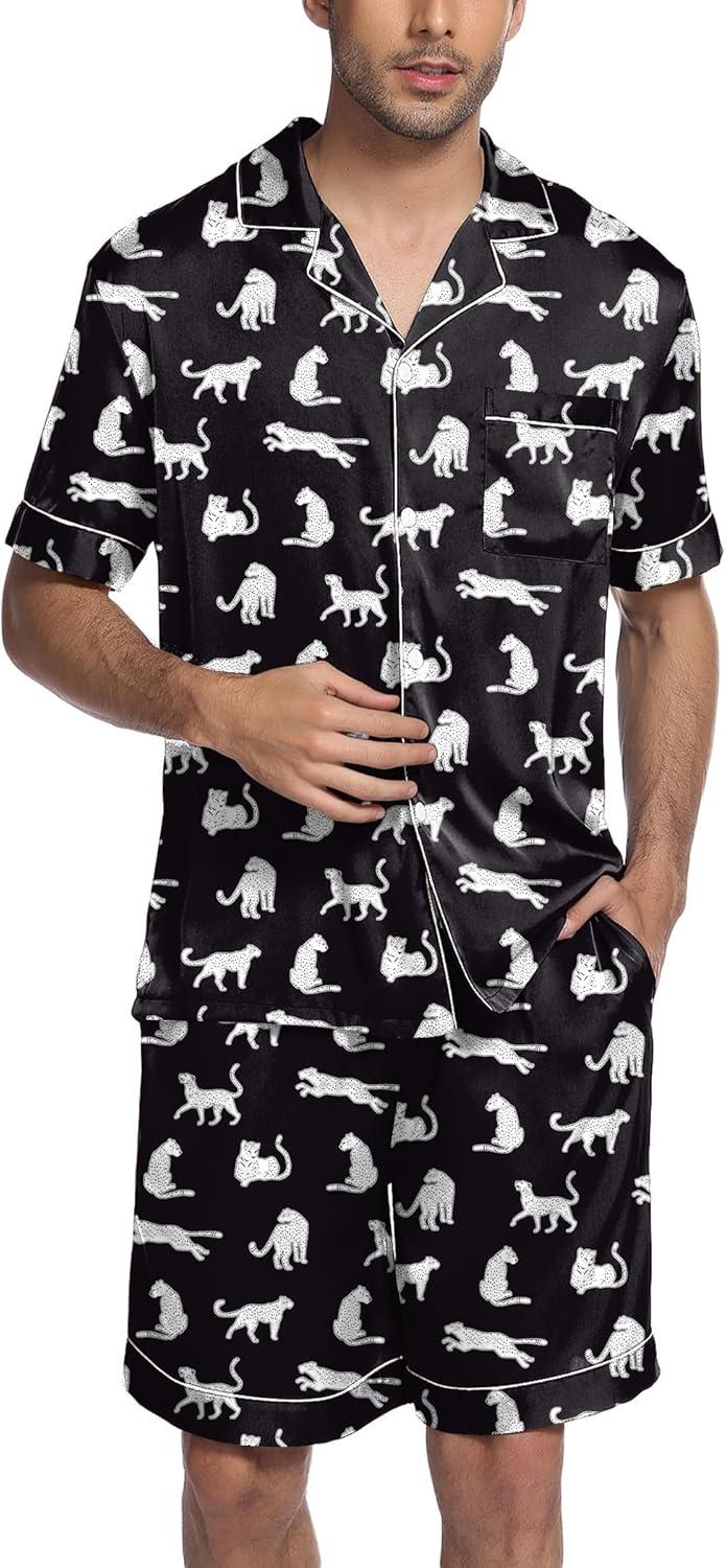 imageEkouaer Mens Satin Pajamas Set ButtonDown Short Sleeve Shirt Top Soft Silk Sleepwear Shorts with PocketsWhite Leopard