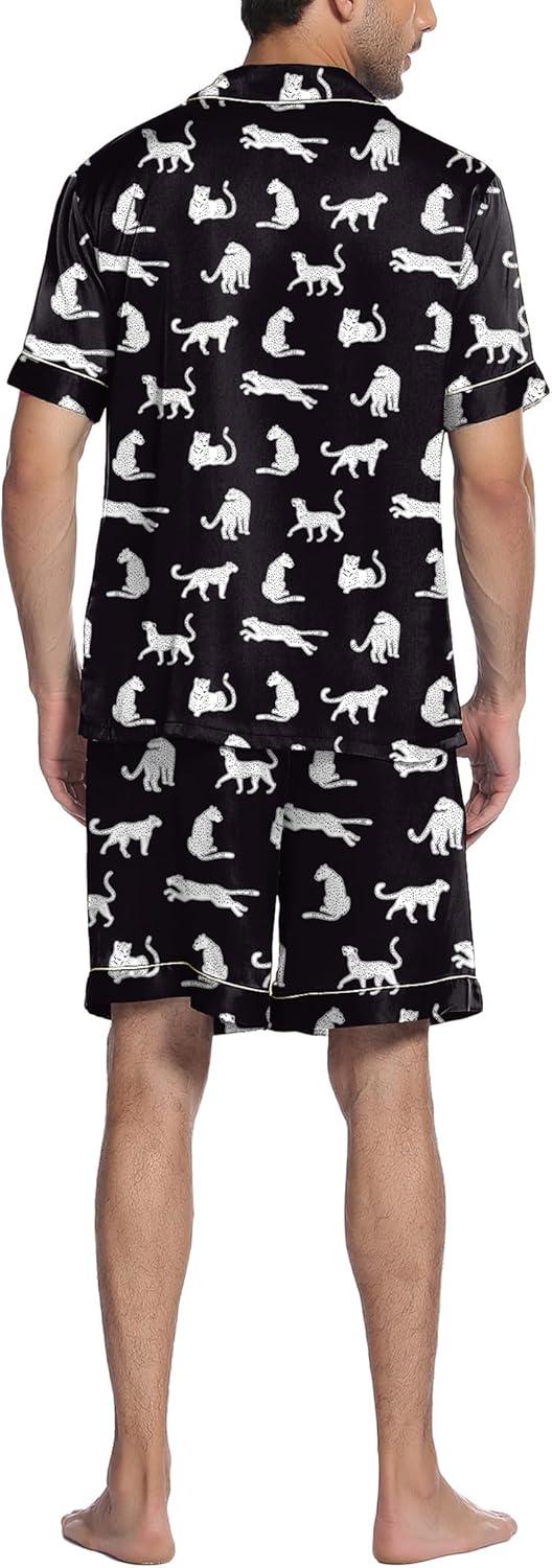 imageEkouaer Mens Satin Pajamas Set ButtonDown Short Sleeve Shirt Top Soft Silk Sleepwear Shorts with PocketsWhite Leopard