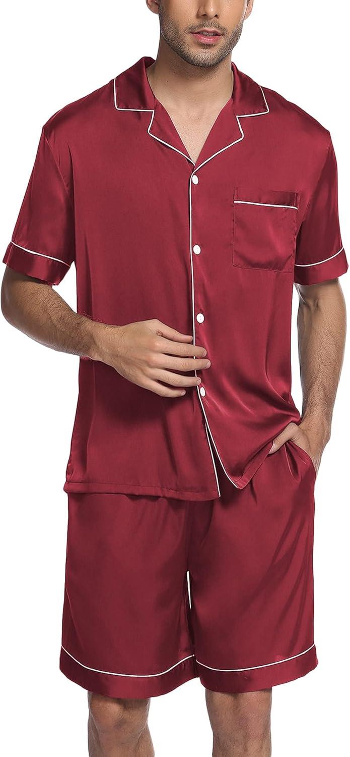 imageEkouaer Mens Satin Pajamas Set ButtonDown Short Sleeve Shirt Top Soft Silk Sleepwear Shorts with PocketsWine Red