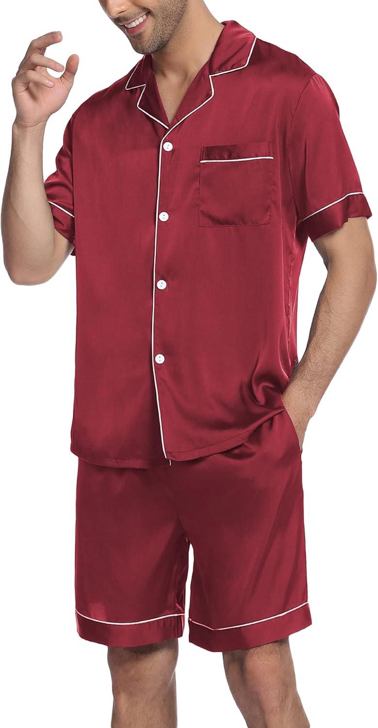 imageEkouaer Mens Satin Pajamas Set ButtonDown Short Sleeve Shirt Top Soft Silk Sleepwear Shorts with PocketsWine Red