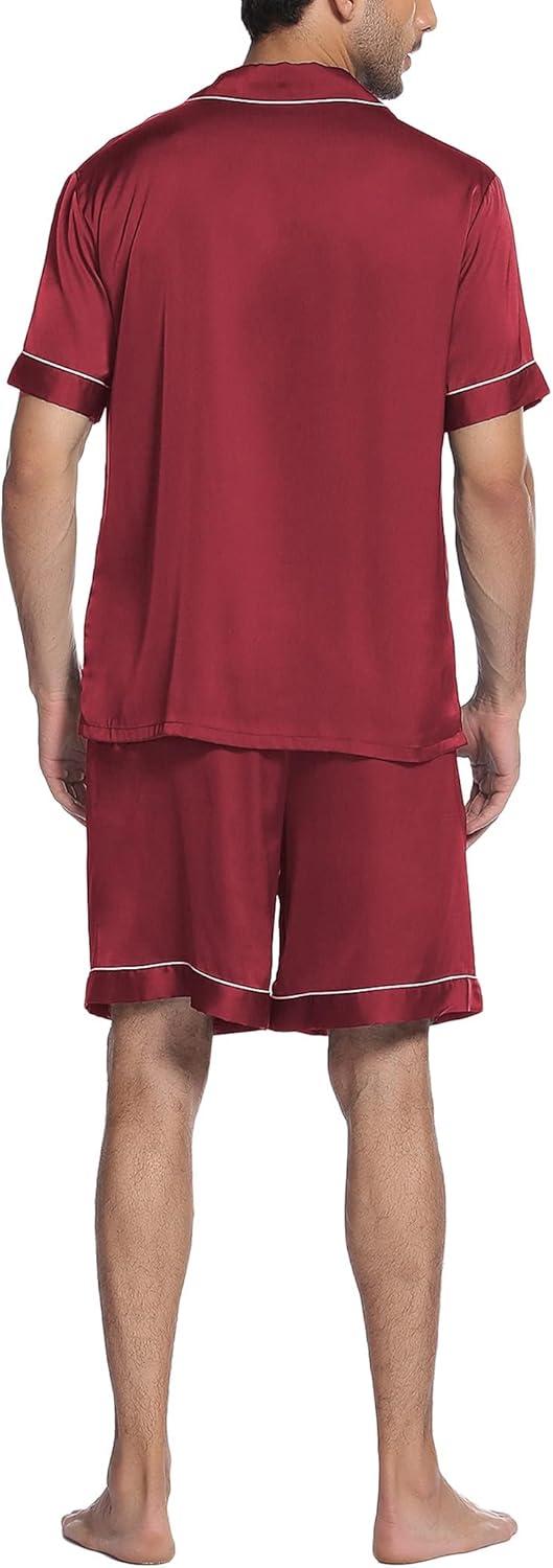 imageEkouaer Mens Satin Pajamas Set ButtonDown Short Sleeve Shirt Top Soft Silk Sleepwear Shorts with PocketsWine Red