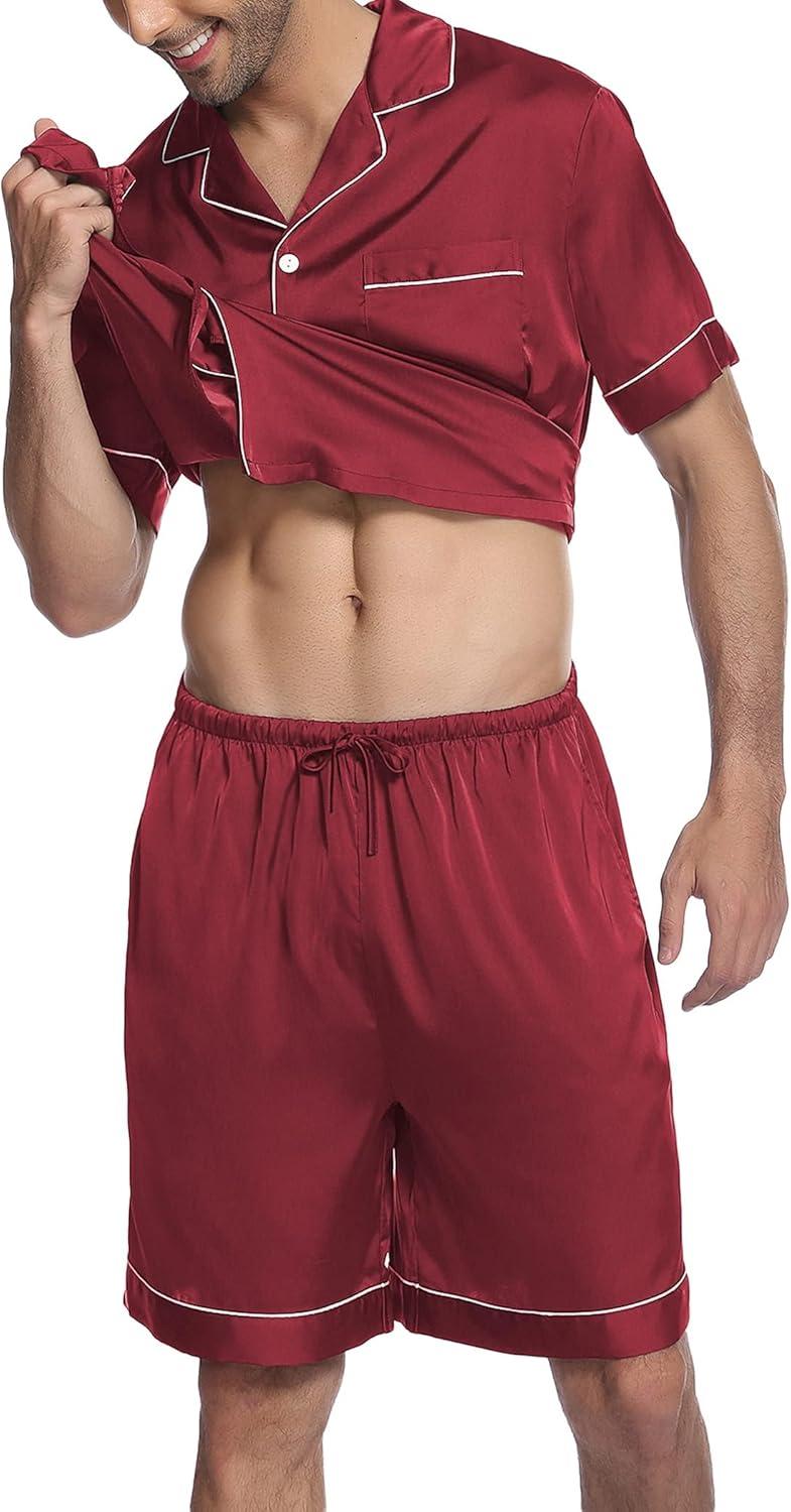 imageEkouaer Mens Satin Pajamas Set ButtonDown Short Sleeve Shirt Top Soft Silk Sleepwear Shorts with PocketsWine Red