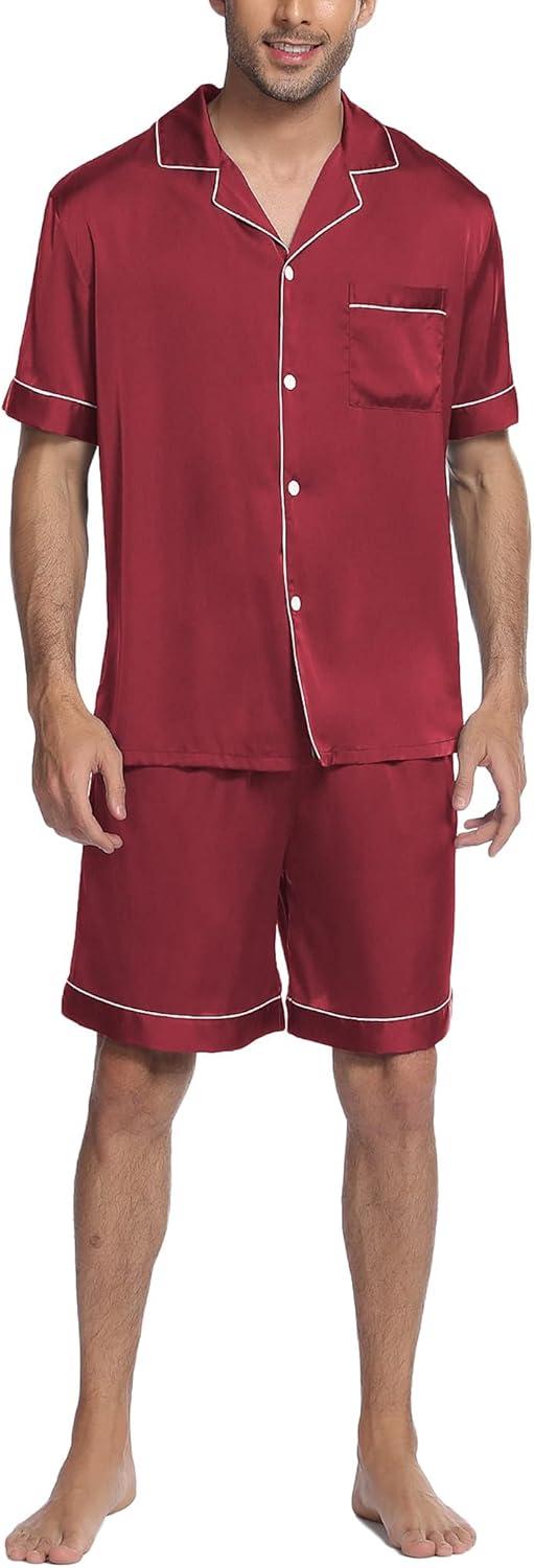 imageEkouaer Mens Satin Pajamas Set ButtonDown Short Sleeve Shirt Top Soft Silk Sleepwear Shorts with PocketsWine Red