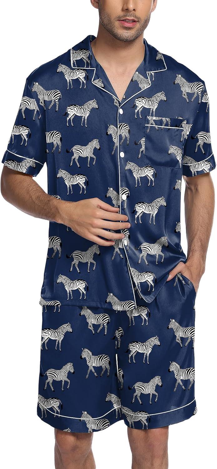 imageEkouaer Mens Satin Pajamas Set ButtonDown Short Sleeve Shirt Top Soft Silk Sleepwear Shorts with PocketsZebra Print