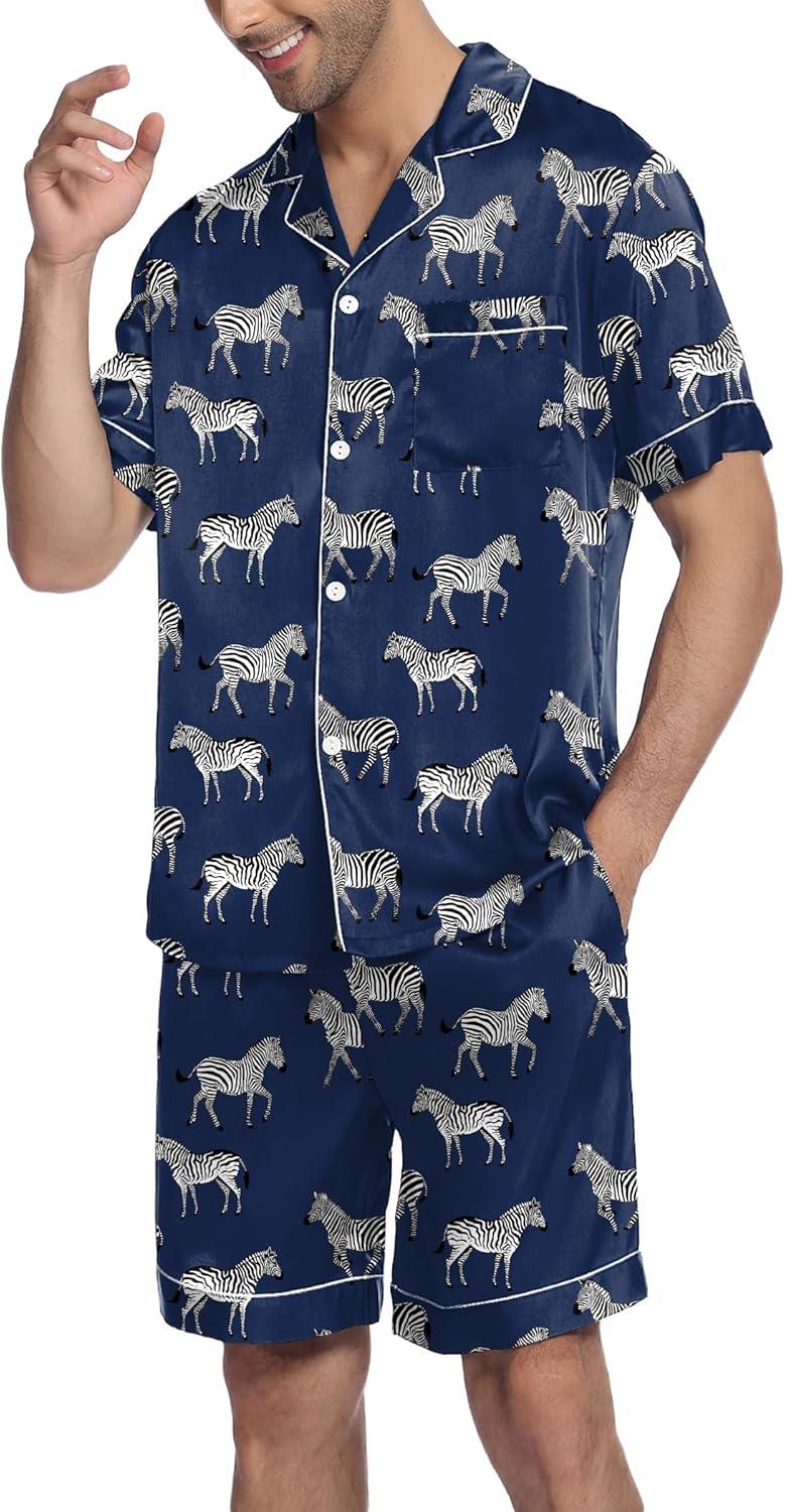 imageEkouaer Mens Satin Pajamas Set ButtonDown Short Sleeve Shirt Top Soft Silk Sleepwear Shorts with PocketsZebra Print