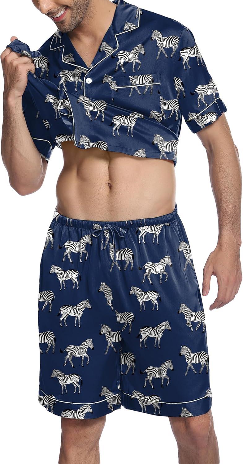 imageEkouaer Mens Satin Pajamas Set ButtonDown Short Sleeve Shirt Top Soft Silk Sleepwear Shorts with PocketsZebra Print