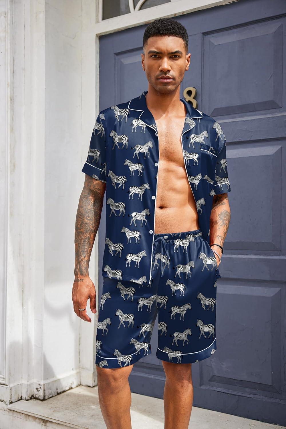 imageEkouaer Mens Satin Pajamas Set ButtonDown Short Sleeve Shirt Top Soft Silk Sleepwear Shorts with PocketsZebra Print