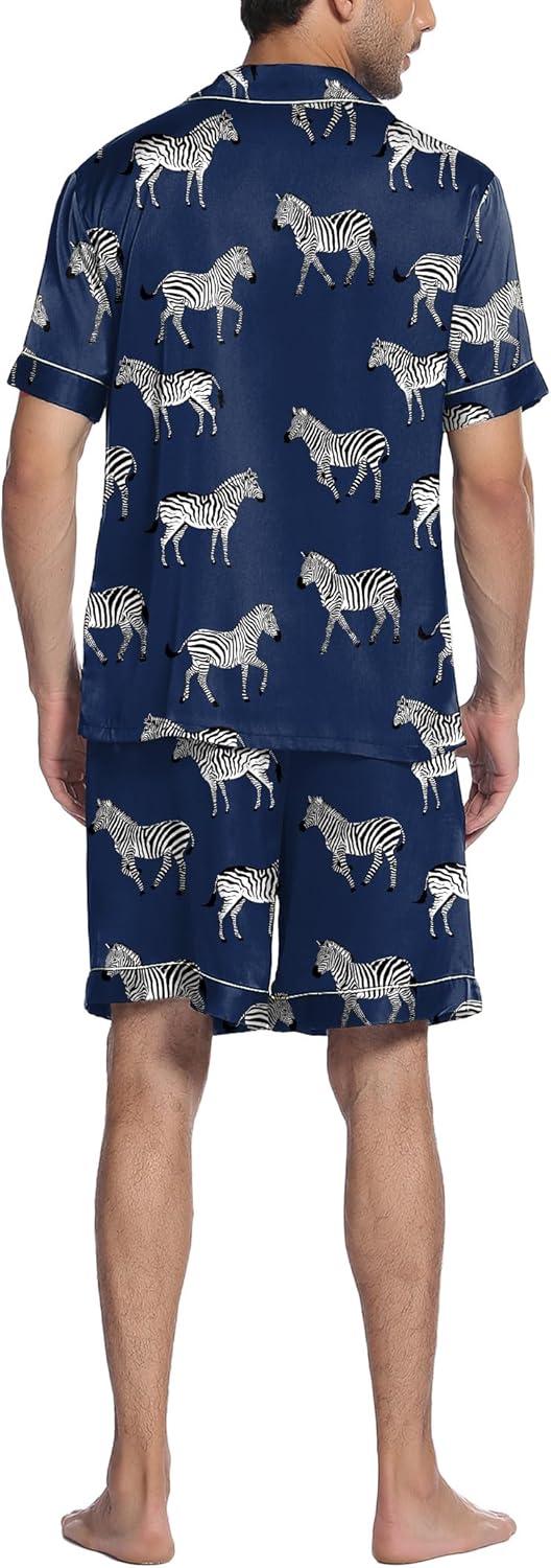 imageEkouaer Mens Satin Pajamas Set ButtonDown Short Sleeve Shirt Top Soft Silk Sleepwear Shorts with PocketsZebra Print