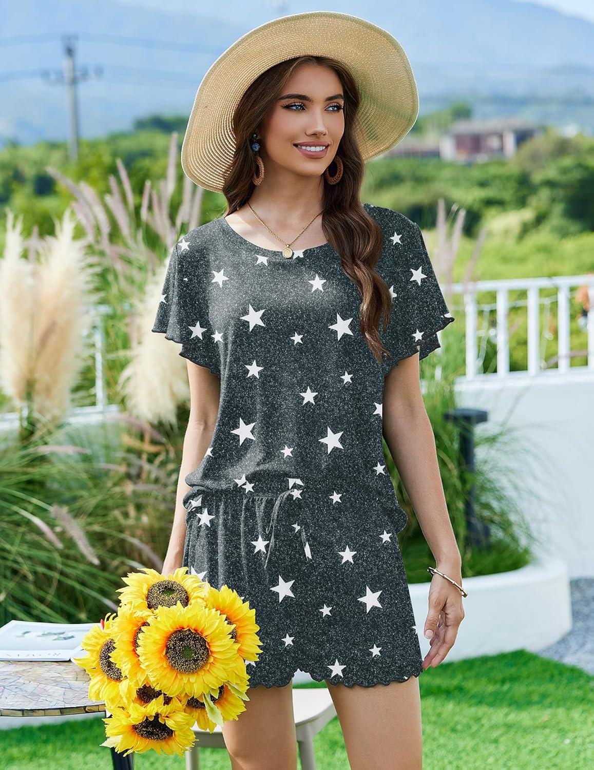 imageEkouaer Pajama Set for Women 2 Piece Lounge Set Short Sleeve Pjs Tops and Shorts Soft Sleepwear SXXLGrey Stars