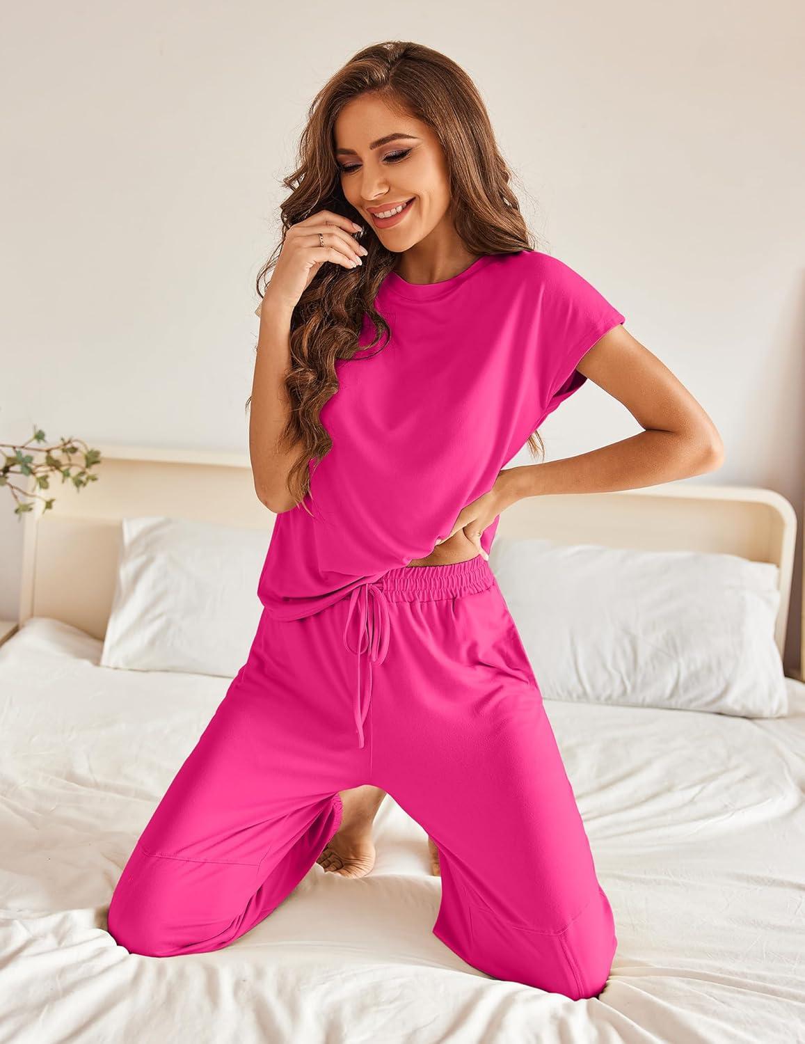 imageEkouaer Pajamas for Women 2 Piece Lounge Sets Cap Sleeve Loungewear Top with Joggers Pants SXXLRose Red