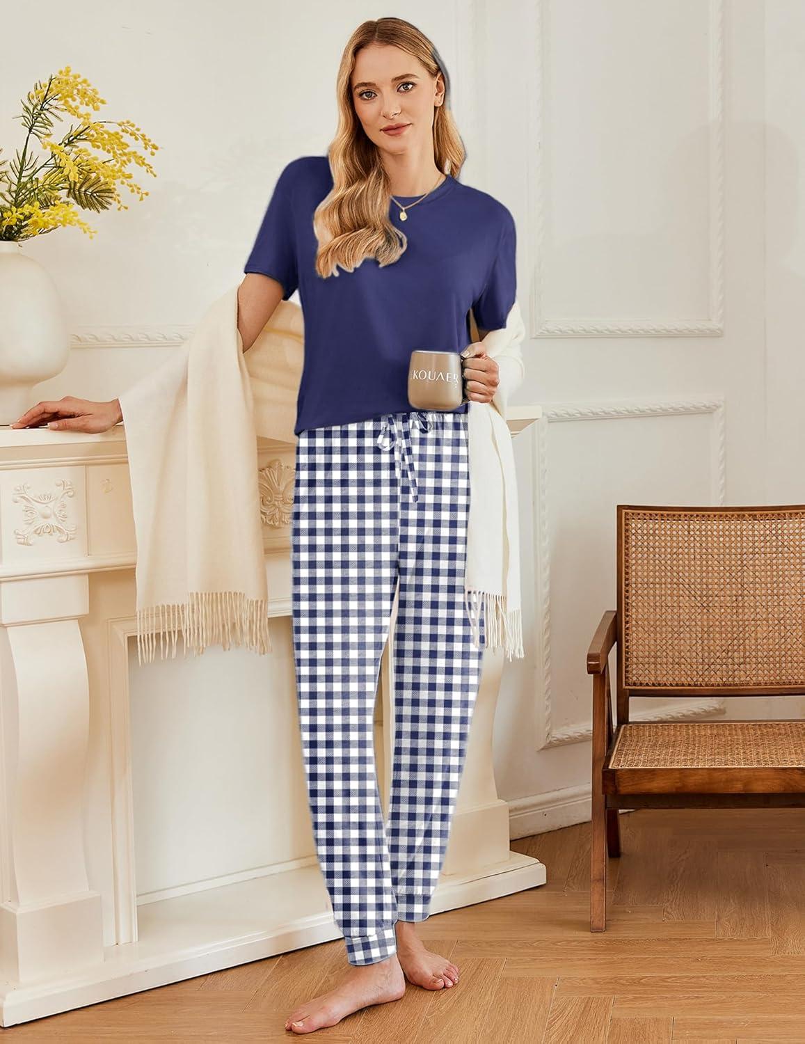 imageEkouaer Pajamas for Women Set 2 Pack Lounge Set Short Sleeve Pjs Joggers Long Pants Loungepwear with PocketsBlue Plaidnavy Plaid