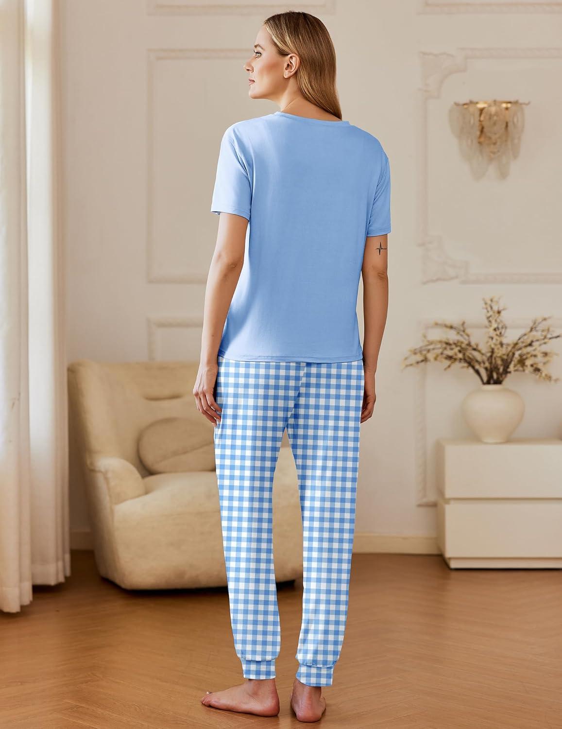 imageEkouaer Pajamas for Women Set 2 Pack Lounge Set Short Sleeve Pjs Joggers Long Pants Loungepwear with PocketsBlue Plaidnavy Plaid