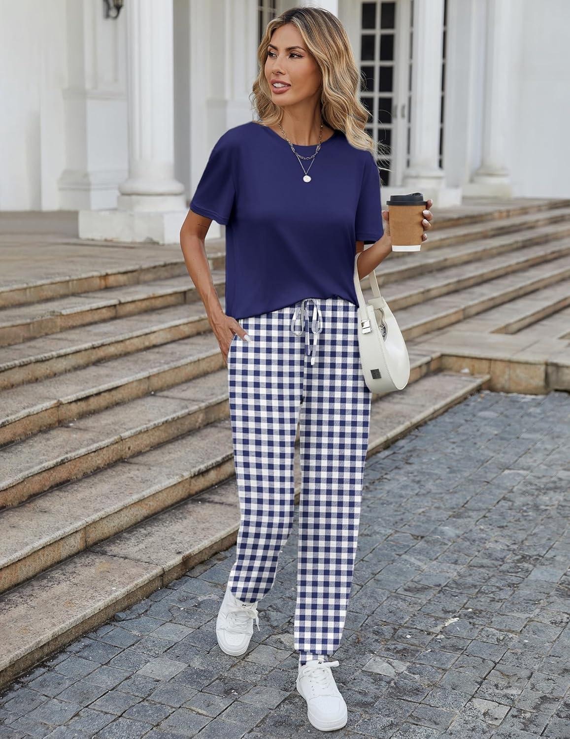 imageEkouaer Pajamas for Women Set 2 Pack Lounge Set Short Sleeve Pjs Joggers Long Pants Loungepwear with PocketsBlue Plaidnavy Plaid