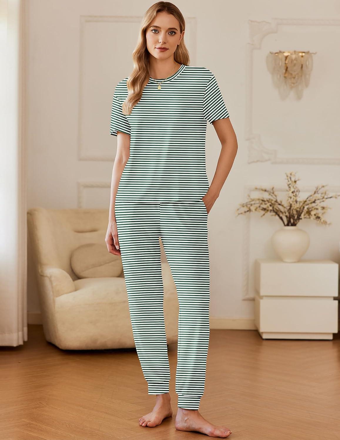imageEkouaer Pajamas for Women Set 2 Pack Lounge Set Short Sleeve Pjs Joggers Long Pants Loungepwear with PocketsGreen Stripered Heart