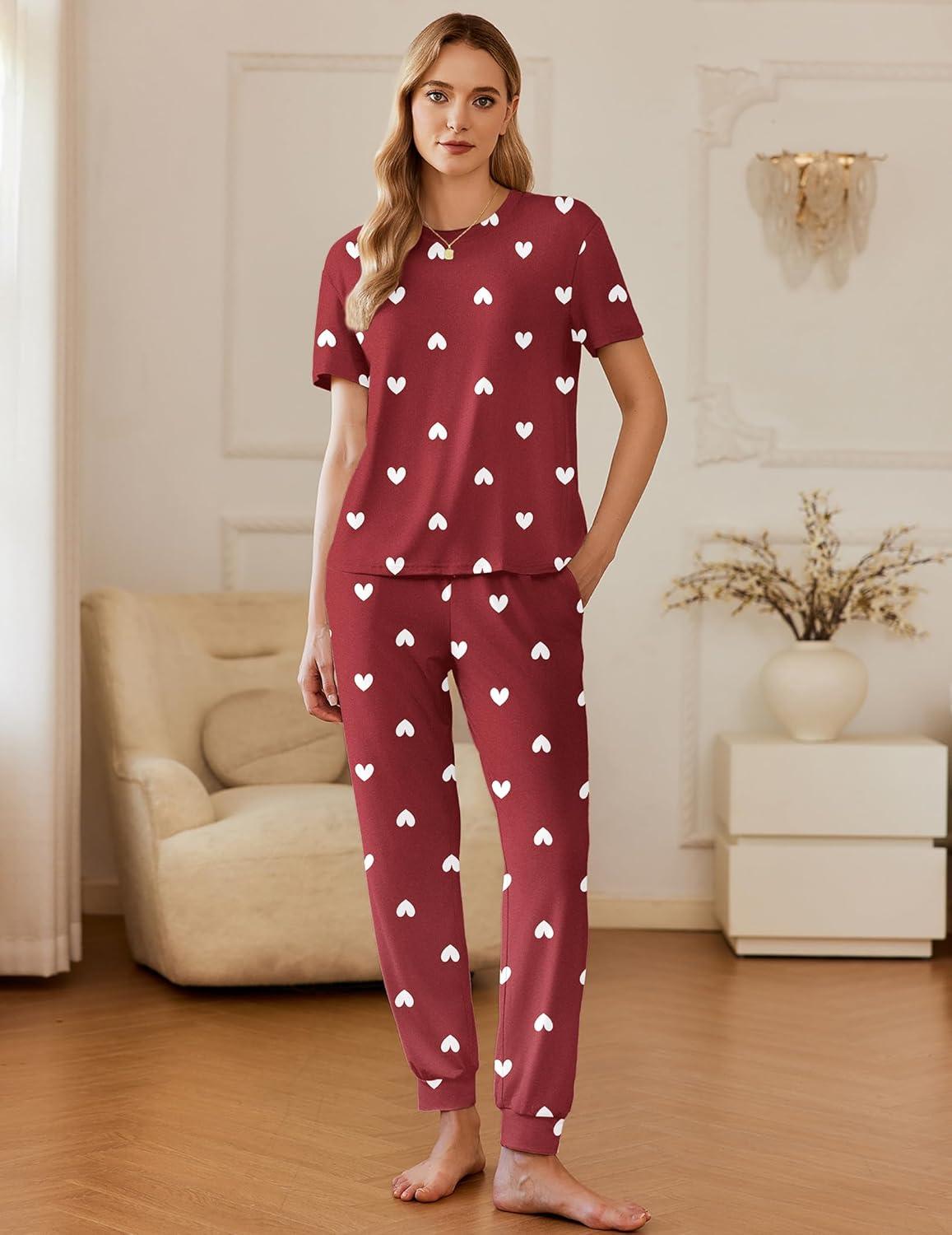 imageEkouaer Pajamas for Women Set 2 Pack Lounge Set Short Sleeve Pjs Joggers Long Pants Loungepwear with PocketsGreen Stripered Heart