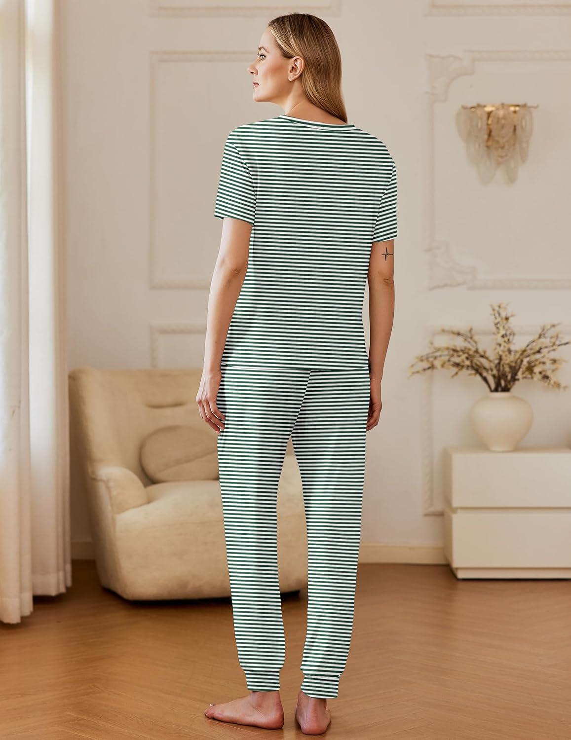 imageEkouaer Pajamas for Women Set 2 Pack Lounge Set Short Sleeve Pjs Joggers Long Pants Loungepwear with PocketsGreen Stripered Heart