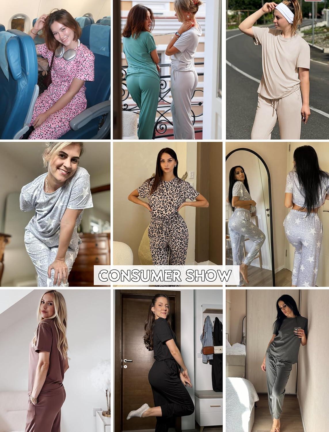 imageEkouaer Pajamas for Women Set 2 Pack Lounge Set Short Sleeve Pjs Joggers Long Pants Loungepwear with PocketsGrey Starblack