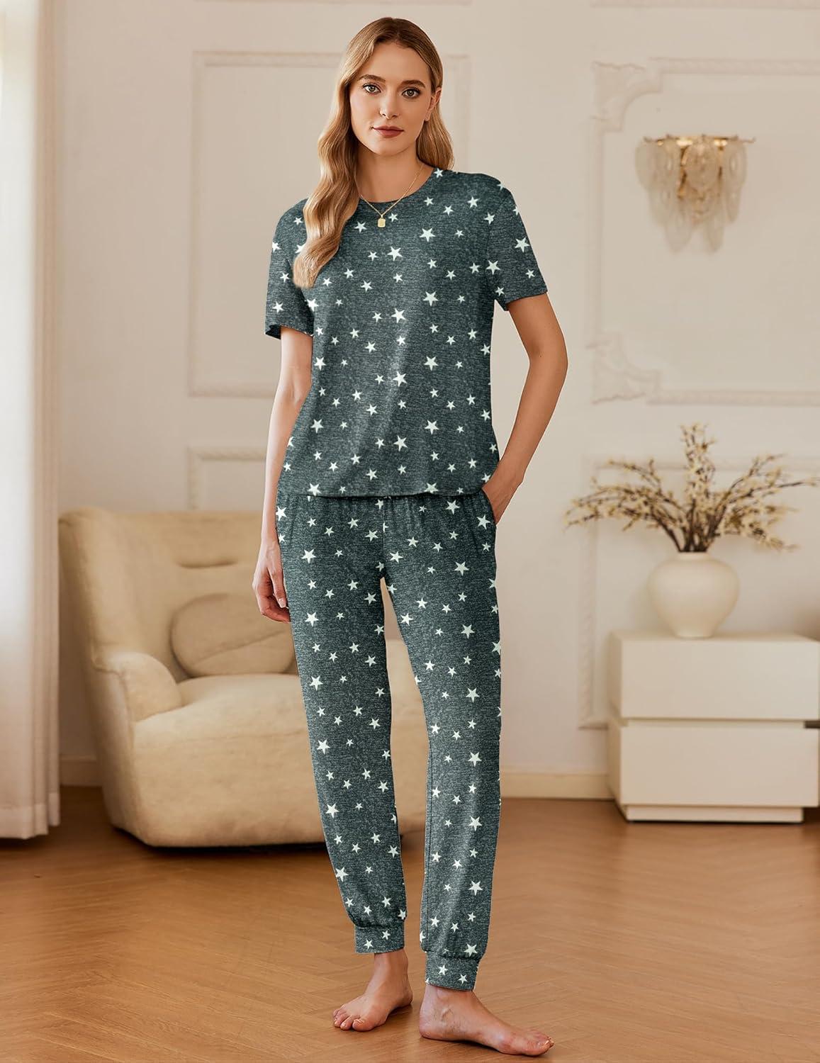 imageEkouaer Pajamas for Women Set 2 Pack Lounge Set Short Sleeve Pjs Joggers Long Pants Loungepwear with PocketsGrey Starblack